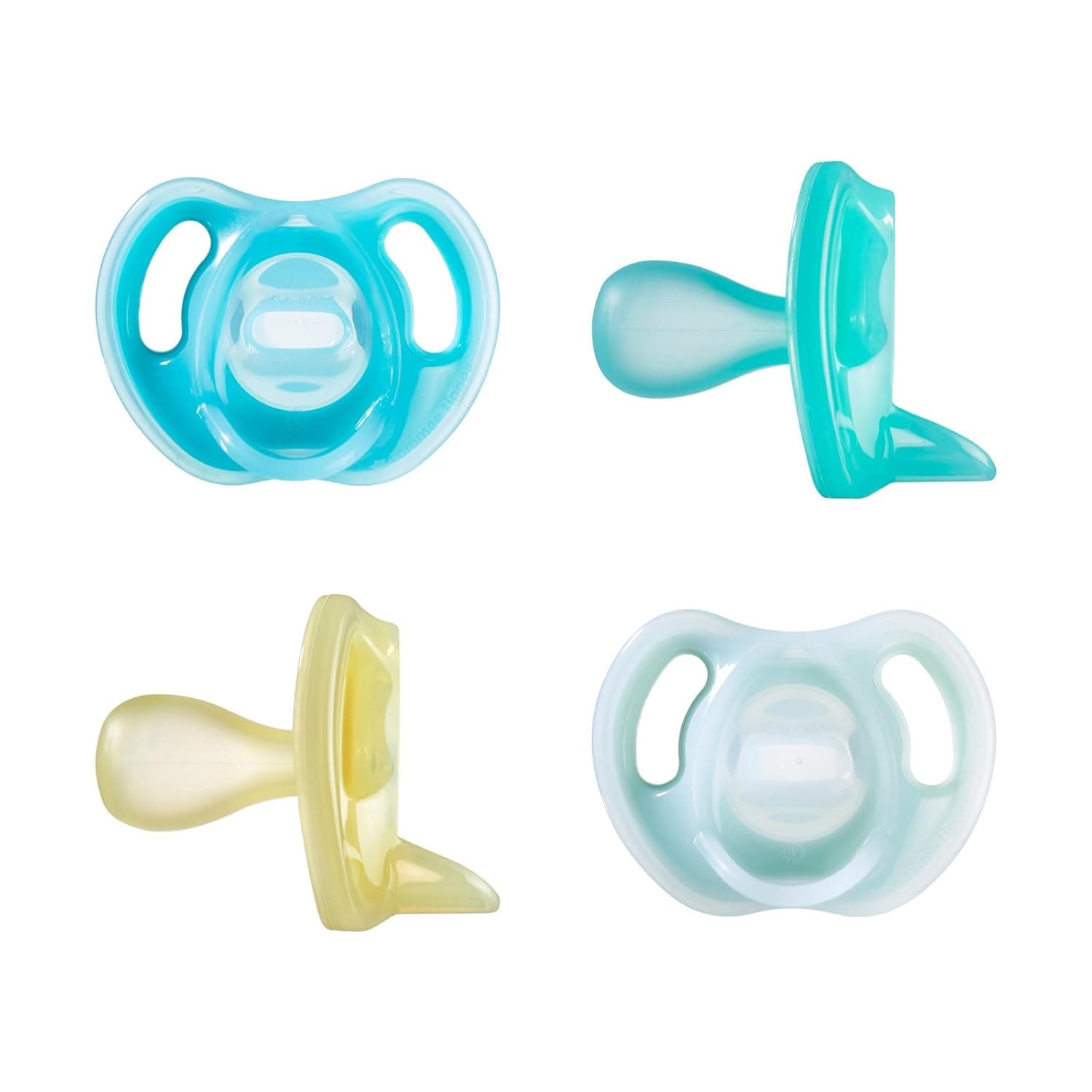 Tommee tippee 4X 0-6M ECOMM U LIGHT STHR BOY | Symmetrical One-Piece Design, BPA-Free Silicone Binkies, Blue/Green/Yellow