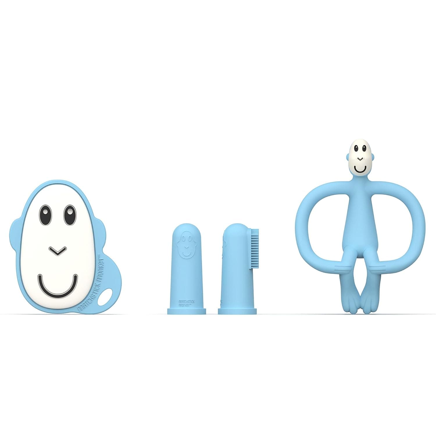 Matchstick Monkey, Antimicrobial Teething Starter Set - 1 Flat Face Teether, 1 Animal Teether, 2 Silicone Finger Toothbrushes, 3 Months Old+, Light Blue Monkey