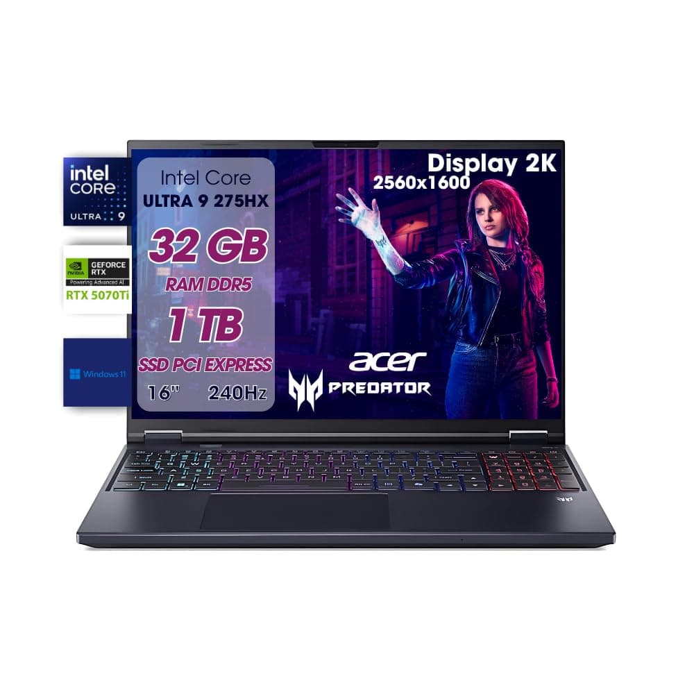 acer Predator Helios Neo 16 AI PC Gaming, Ultra 9 275HX, 32GB DDR5 RAM, 1TB PCIe SSD, 16" WQXGA 240Hz Screen, NVIDIA GeForce RTX 5070 Ti 12GB GDDR7 Gaming Keyboard