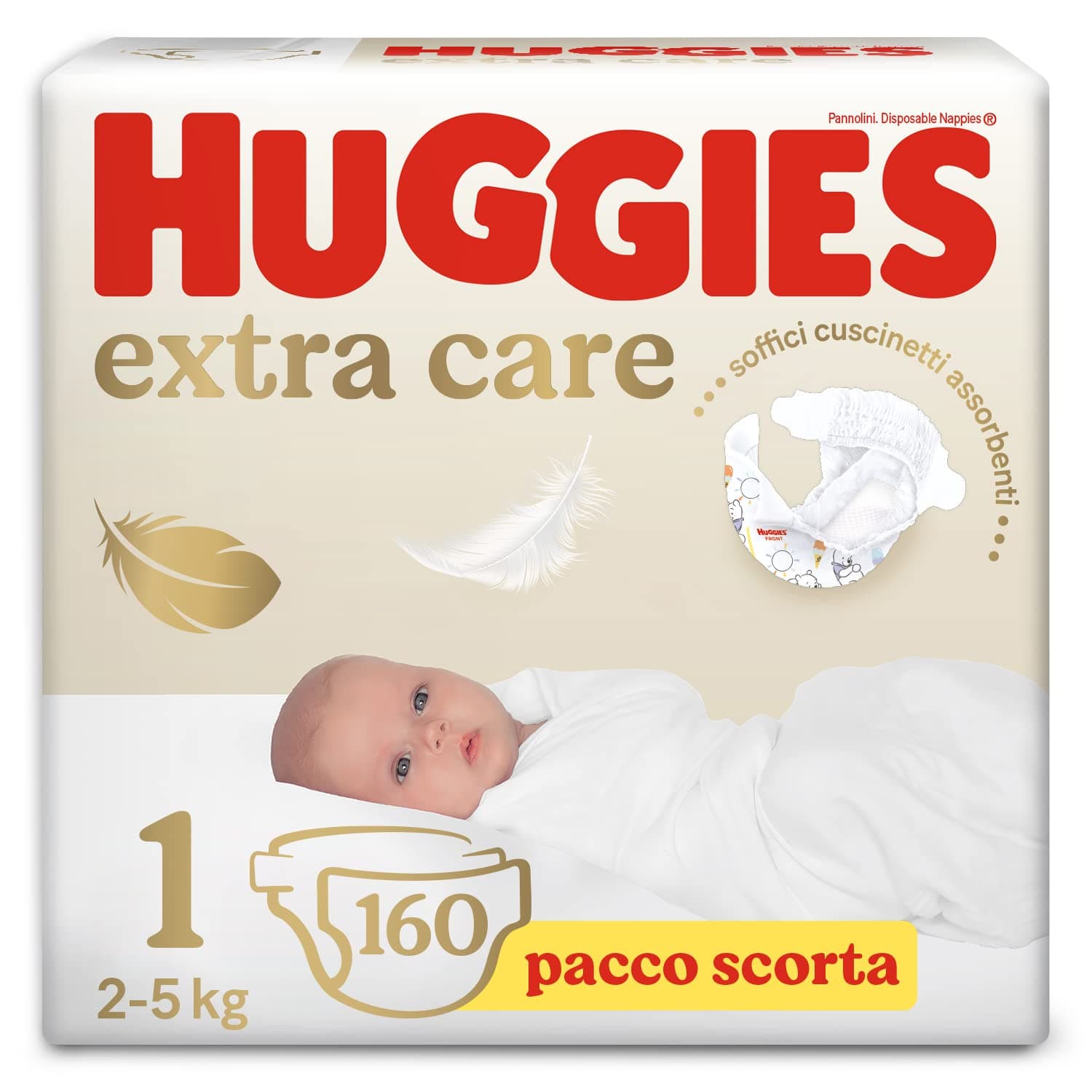 Huggies Extra Care Baby Nappies Size 1 (2-5 kg), Ultra Absorbent, Disney Design, Spare Pack, 160 Pcs