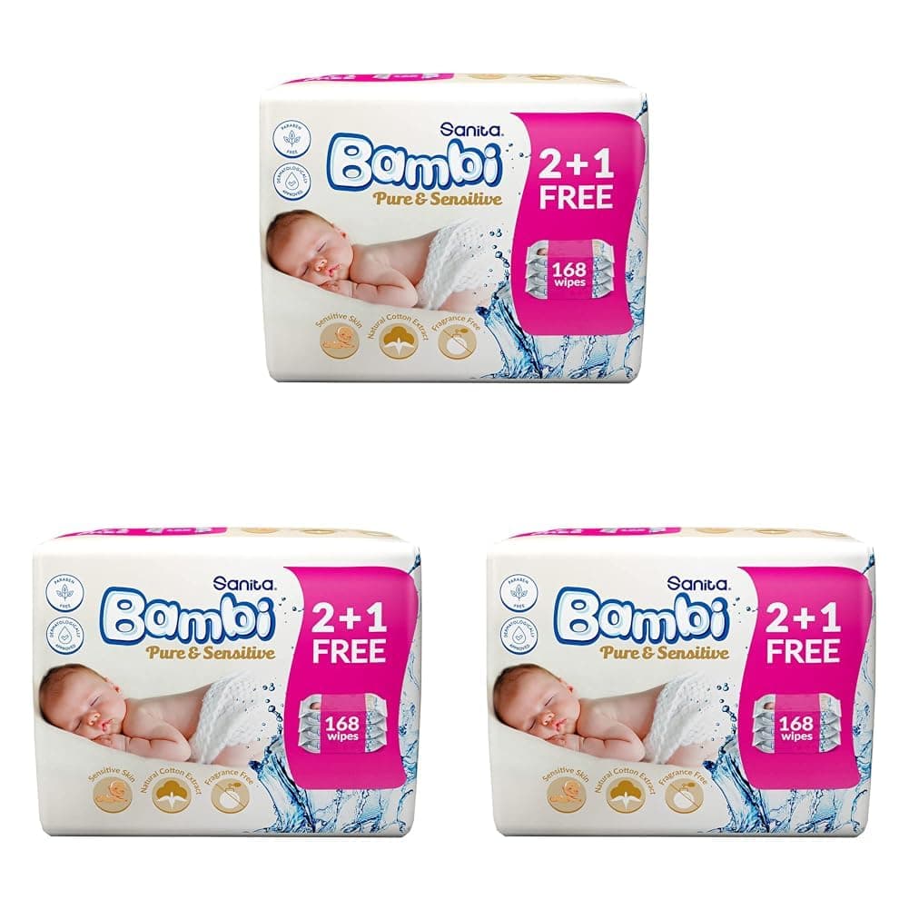 Sanita Bambi Baby Wet Wipes Pure and Sensitive - (2+1) 168 Wipes (Pack of 3)