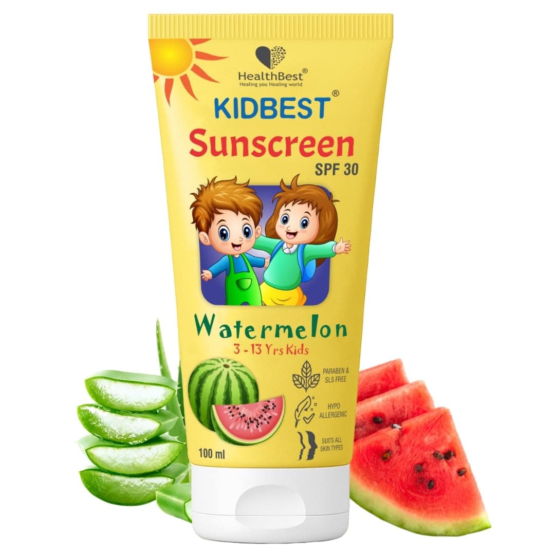 HealthBest Kidbest Sunscreen for Kids | SPF 30 UVA/UVB | Safe for Sensitive Skin | Tear, Paraben, SLS free | Watermelon Flavor | 100ml