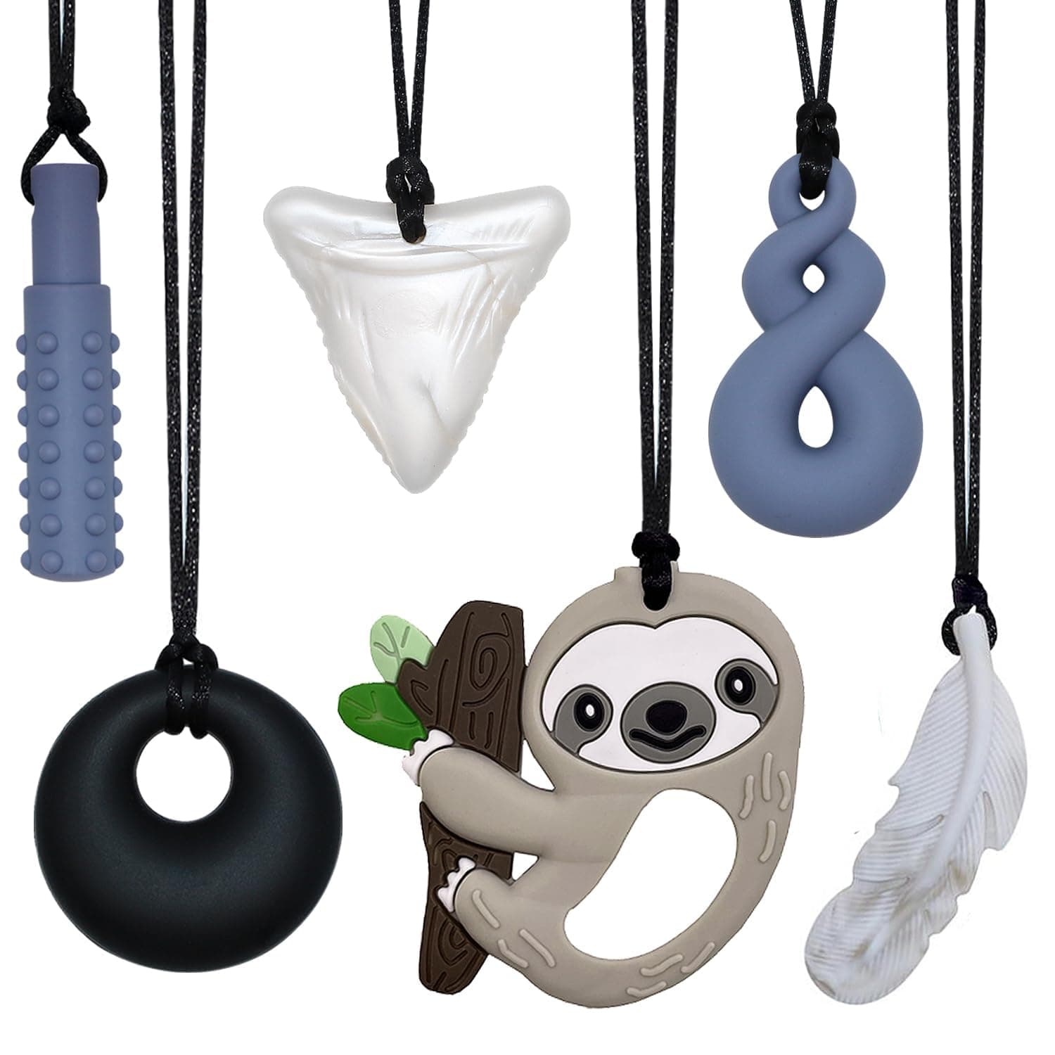 6 PCS Sensory Chew Necklace, Chew Toys Food Grade Silicone for Autistic Children, Teething, Anxiety, Biting Needs, ADHD, Oral Motor Chewy with Adjustable Buckle for Baby Boys Girls (Grey)