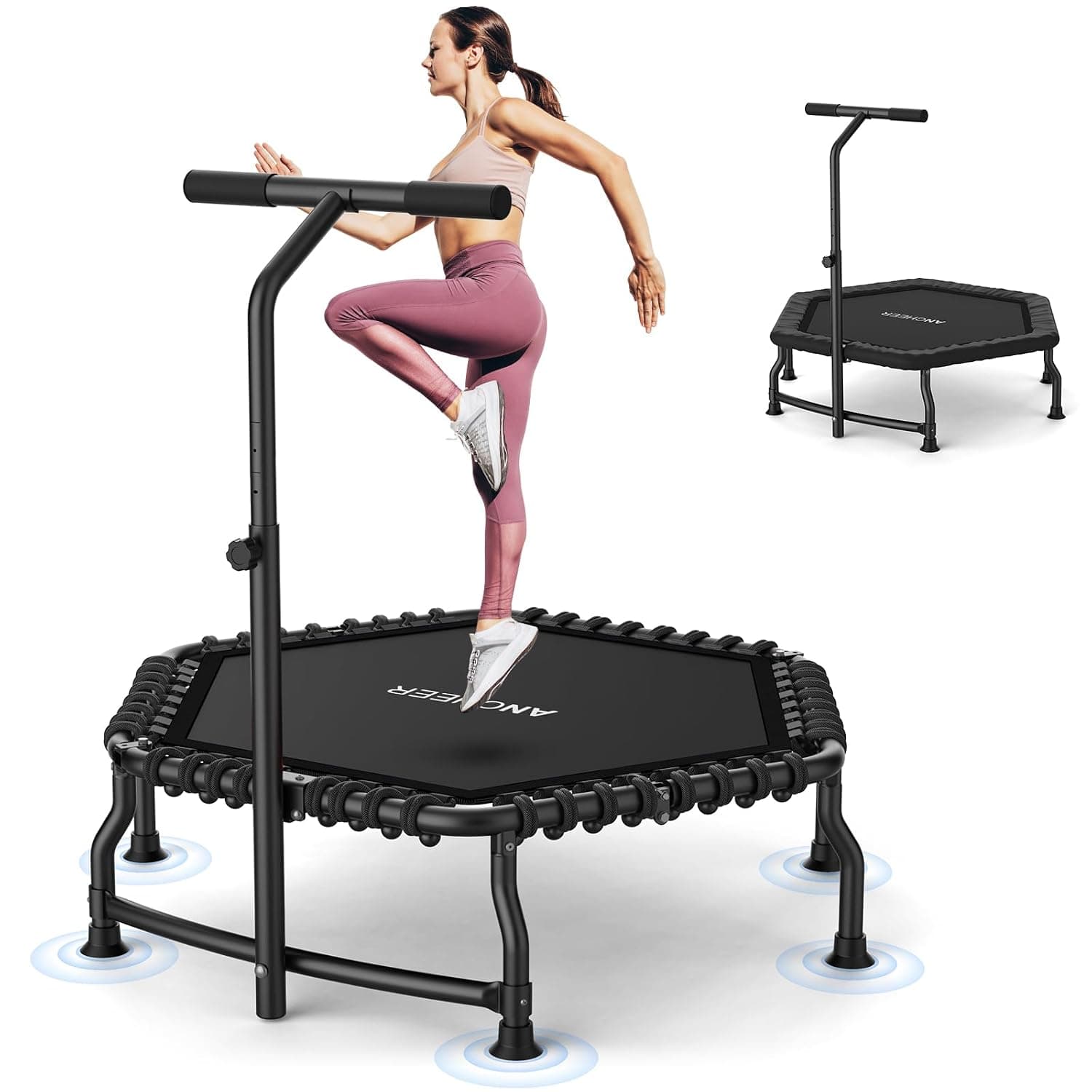ANCHEER Trampoline, 50'' Rebounder Trampoline for Adult with Bar, Indoor Mini Trampoline, 550LBS Fitness Trampoline with Bungee, Jumping Cardio Equipment, Exercise Trampoline at Home Gym (Black)