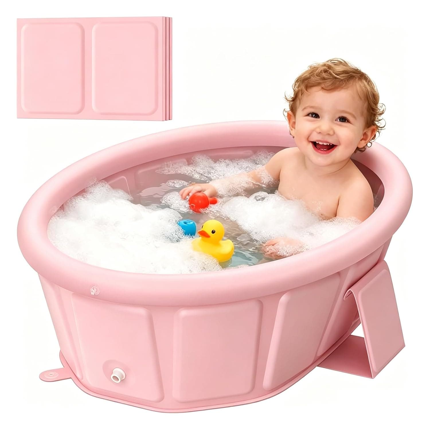 Baby Bathtub with Inflatable Top Edge, Collapsible Portable No Assembly Bath Tub, Travel Friendly Shower Tub for Toddlers Ages 12 Months to 6 Years (Pink)