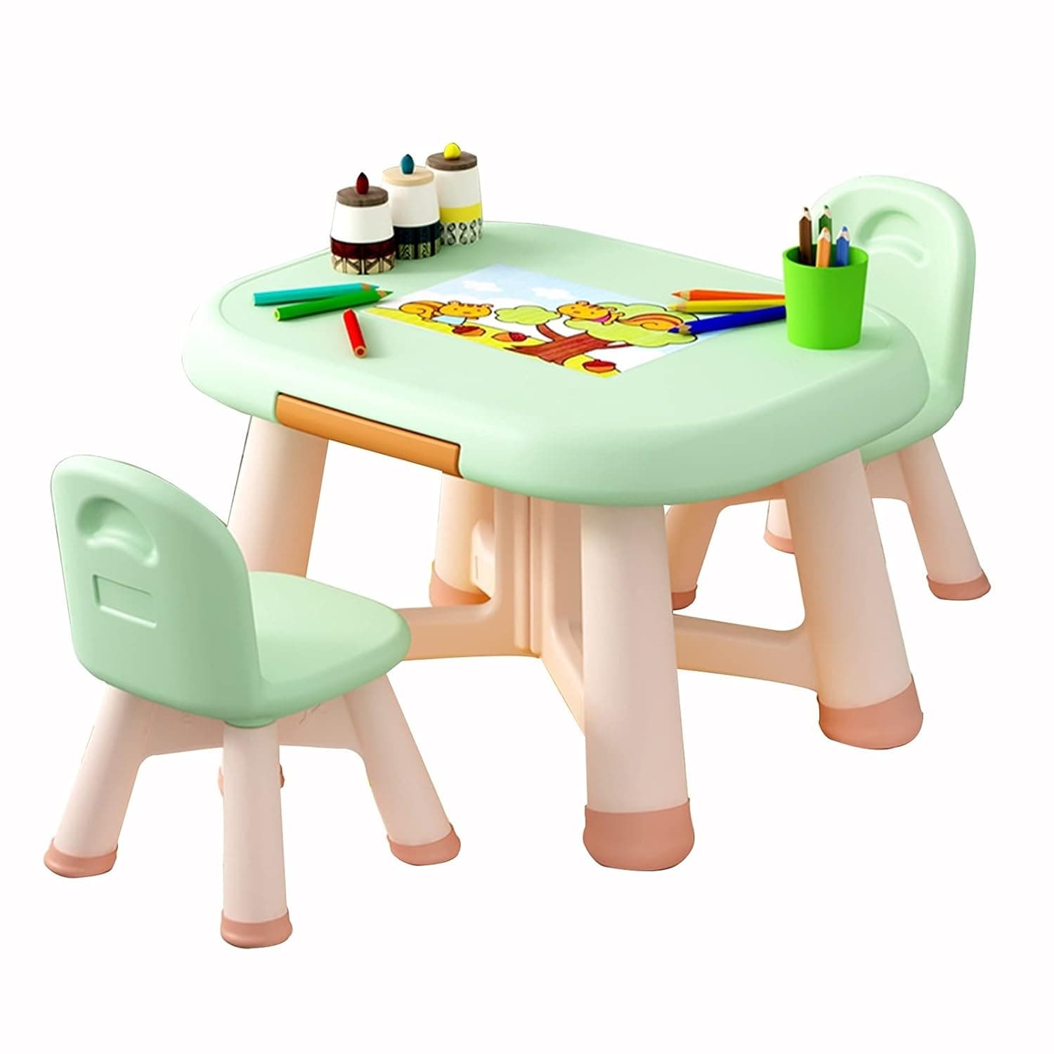 Kids Table And Chair Set Children’s Table With 2 Stackable Chairs, Suitable For Painting, Games, Reading Plastic Tables, No Need To Assemble, Can Bear 20kg (Color : Green)