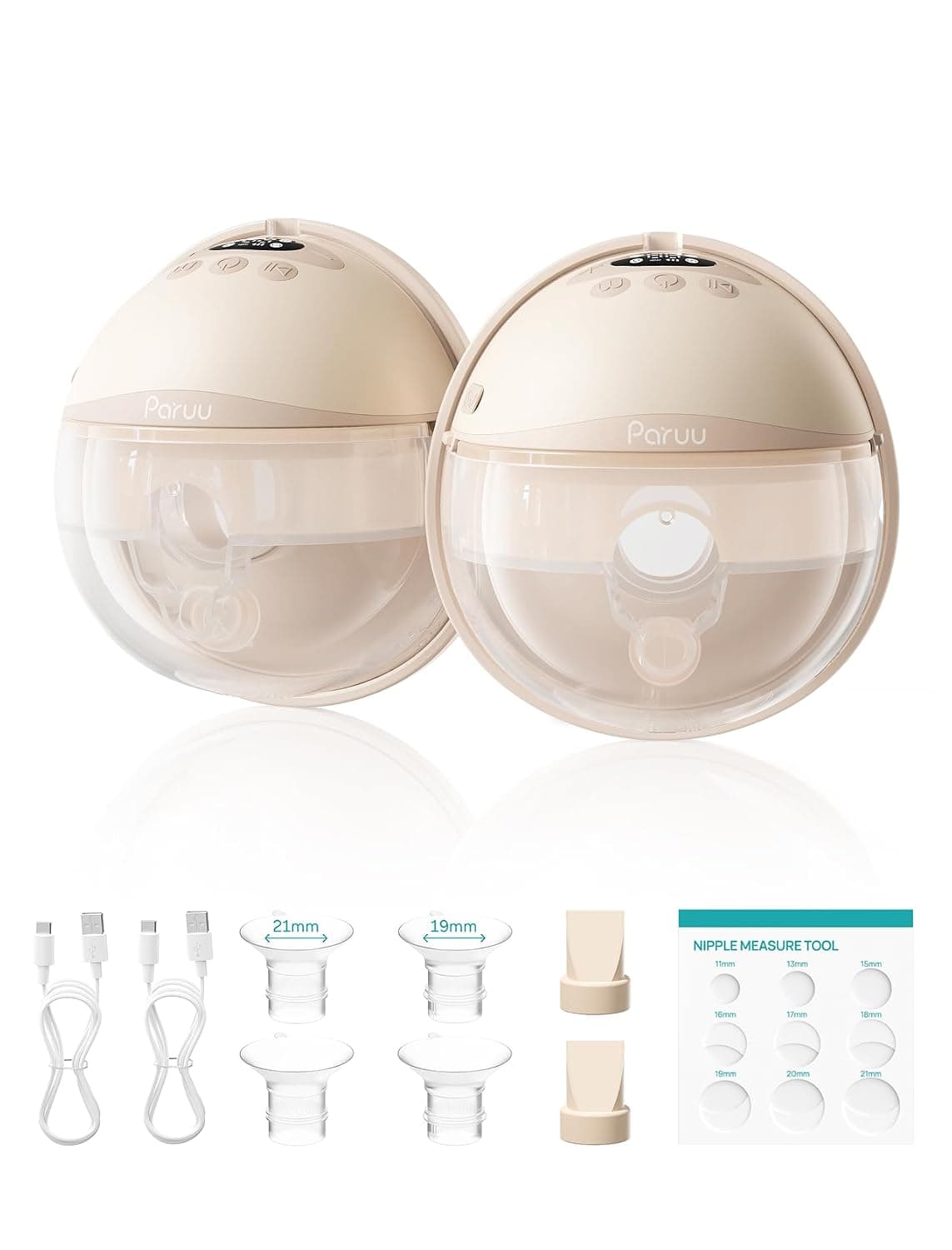 Paruu Hands Free Breast Pump P16-A, Wearable Breast Pump Electric Portable with 4 Modes & 12 Levels, Max 309 mmHg Strong Suction 19/21/24mm Flange Inserts, 2 Pack (Nude)