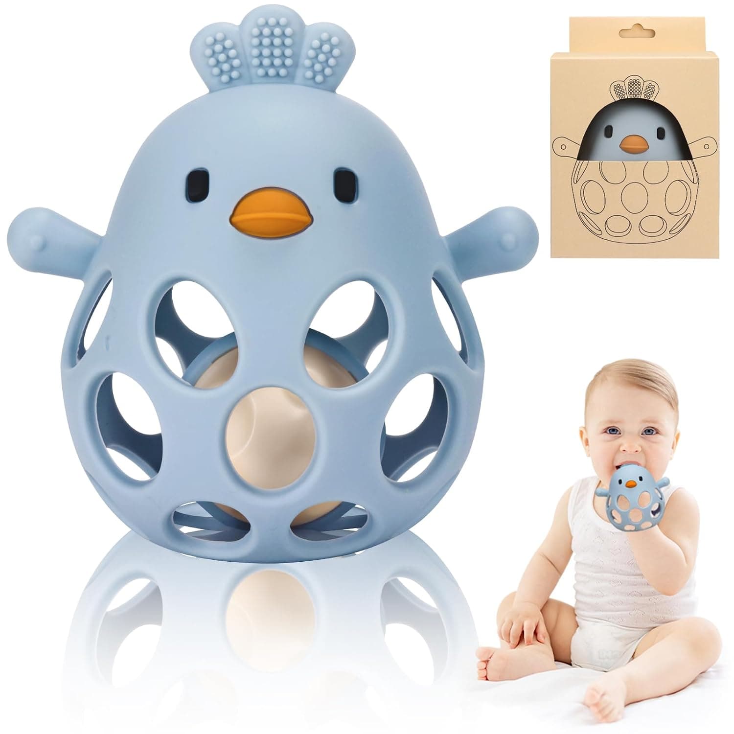 Baby Teething Rattle Toy Grasping Ball with Rattle, Baby Teether Silicone BPA-Free Sensory Montessori Toy Early Development for Babies for 3, 6, 9 12 Month Gift Blue