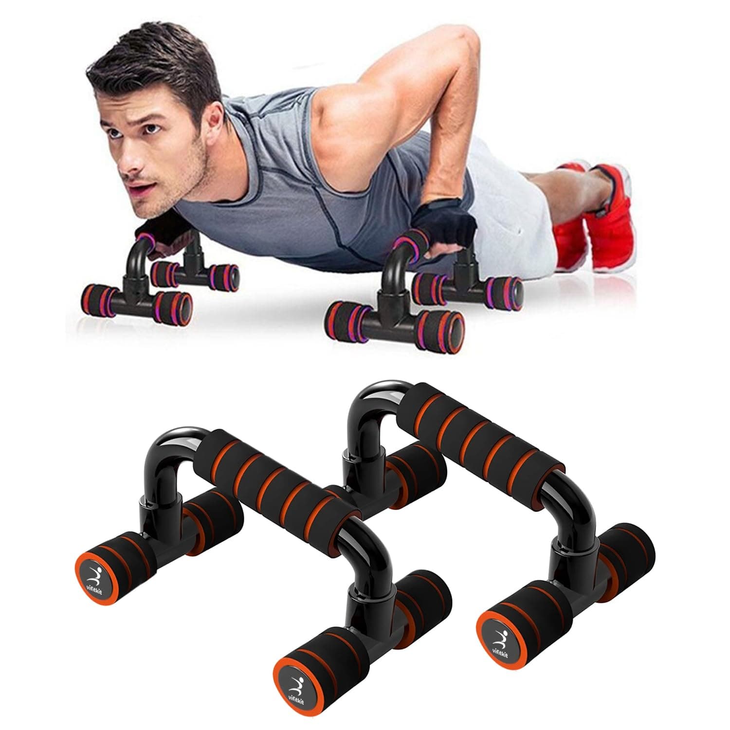 Vifitkit Non-Slip Push-Up Bar Stand, Home Gym Equipment, Push Up Handles With Cushioned Foam Grip and Non-Slip Sturdy Base (Black and Red