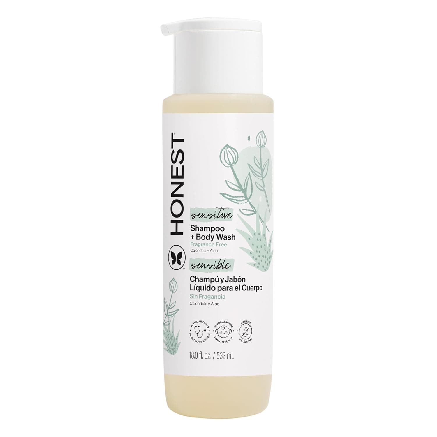 The Honest Company 2-in-1 Cleansing Shampoo + Body Wash for Sensitive Skin | Gentle for Baby | Naturally Derived, Tear-free, Hypoallergenic | Fragrance Free, 18 fl oz