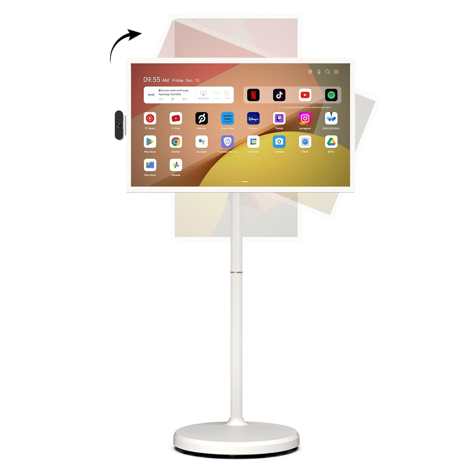 تلفزيون ذكي محمول من ابولو ساين 32 انش الجيل الثاني، ذاكرة RAM 16 (8+8) GB + 128GB، اندرويد 16، معتمد من EDLA، تابلت دوار على عجلات، بطارية مدمجة 15000mAh، دوران كامل، تحكم صوتي عن بعد