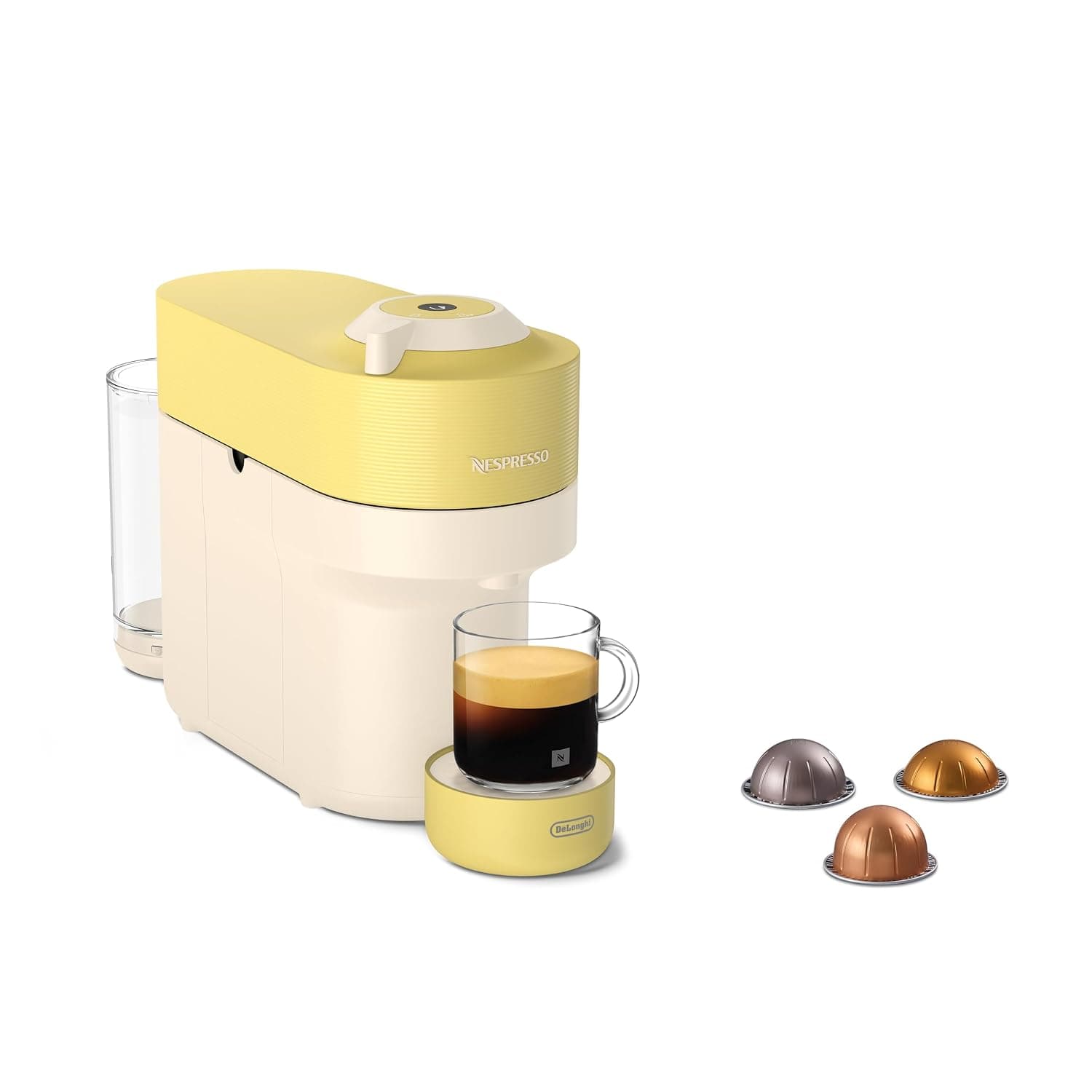Nespresso De'Longhi Vertuo Pop ENV90.LE Coffee Capsule Machine, Prepares 4 Cup Sizes, Centrifusion Technology, 1260 Watt, Pastel Yellow, Welcome Package Including