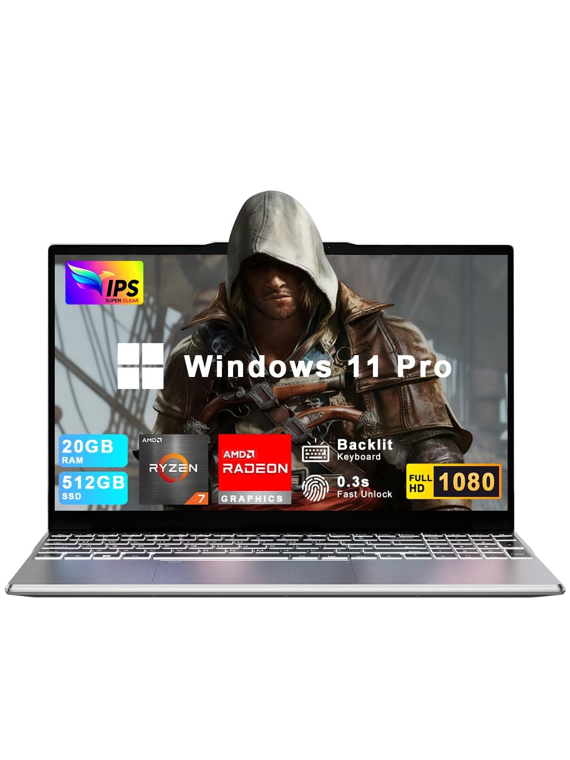 XNQ Gaming Laptop 2026, AMD Ryzen 7, 15.6inch Laptop Computer, 8C/16T, Up to 4.1GHz, 20GB RAM 512GB SSD, Radeon Vega 10 Graphics, Win 11 pro, Up to 2TB, IPS 1080p FHD, 6000mAh, WiFi 5, Backlit,