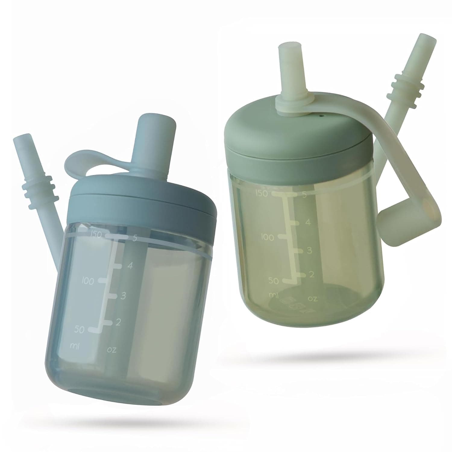 Moonkie Baby Straw cup | Silicone Toddler Sippy Cup Training Cup with Straw Lid | BPA-Free Drop-Proof Baby Cup | Led Weaning | 6 Months+, 5 oz, 2pack | Silicone Straw, 2 Flow Levels, with Lid, BPA Free, Dishwasher Safe, 150ml, 2 Pack, Green/Ether