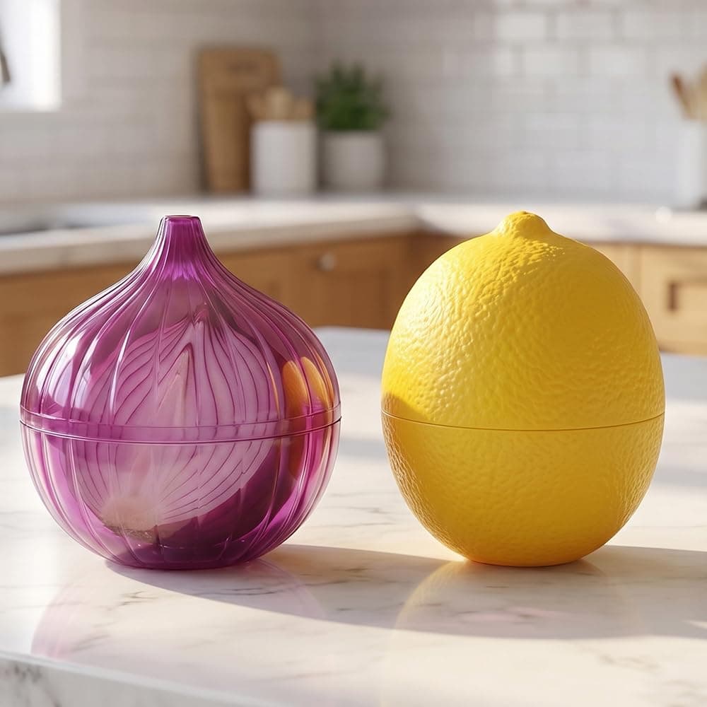 2pcs Set Lemon & Onion | Multipurpose Plastic Storage Containers, Freezer Safe, Flip Top, Hand Wash, No Electricity Needed - Fruit & Vegetable Shaped Kitchen Preservation Boxes