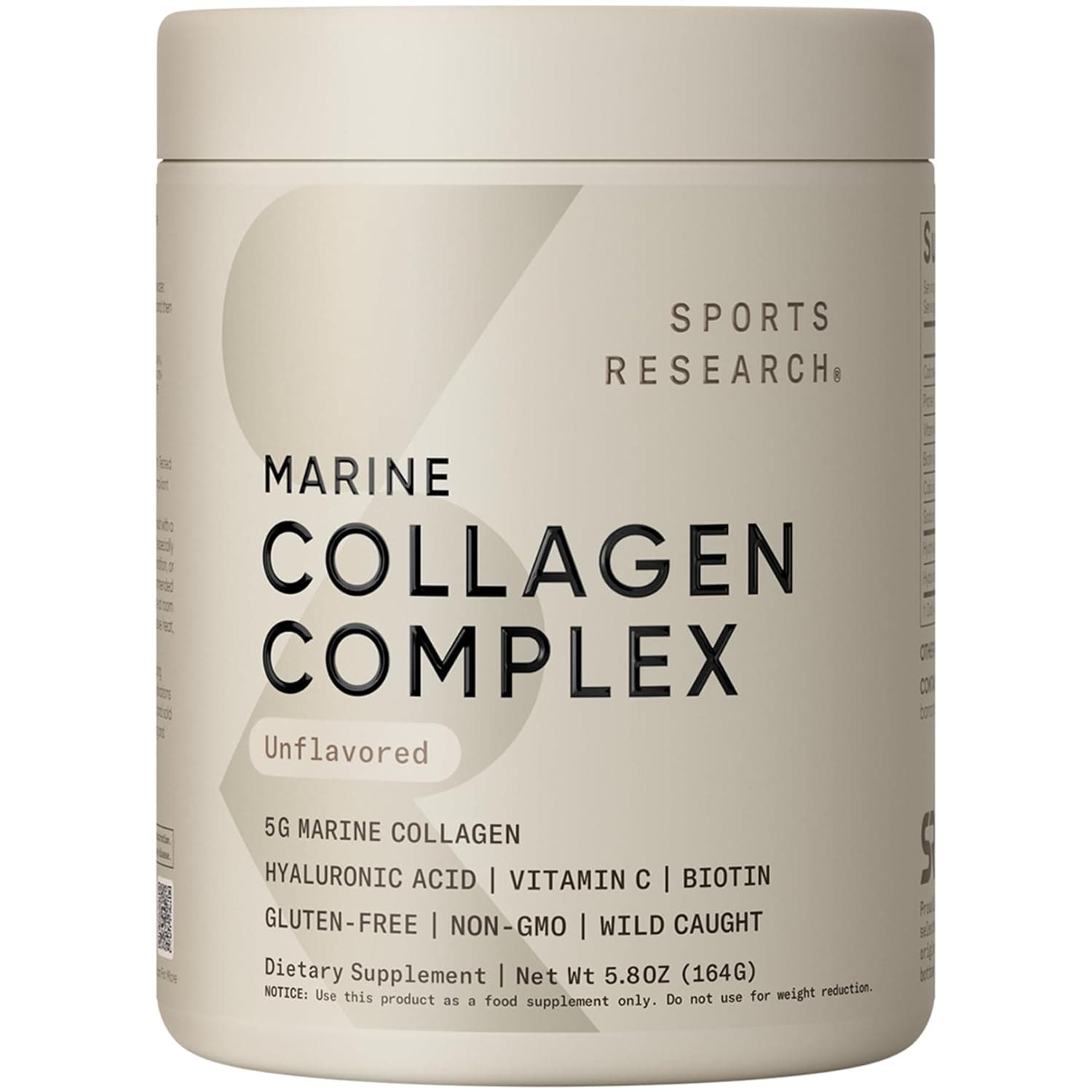 Sports Research Unflavored Beauty Complex Marine Collagen, 163g | 5g Marine Collagen Peptides with Hyaluronic Acid, Vitamin C + Biotin | Skin & Joint Health | Pescatarian Freindly, Non-GMO
