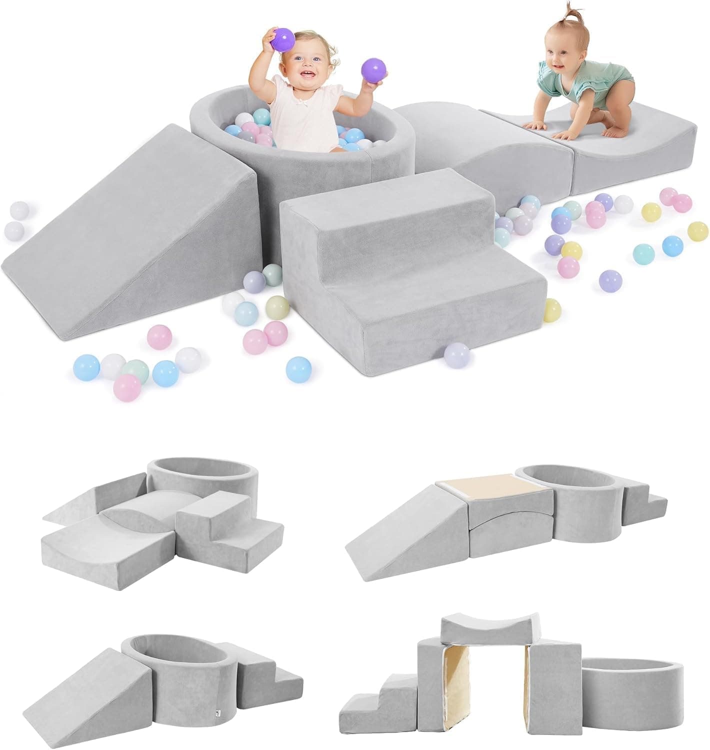 Foam Climbing Blocks with Ball Pit for Baby, Toddler Climbing Toys Designed for Toddlers, Great for Indoor Crawling Sliding Playing, Inside Foam Playground Set (Grey)