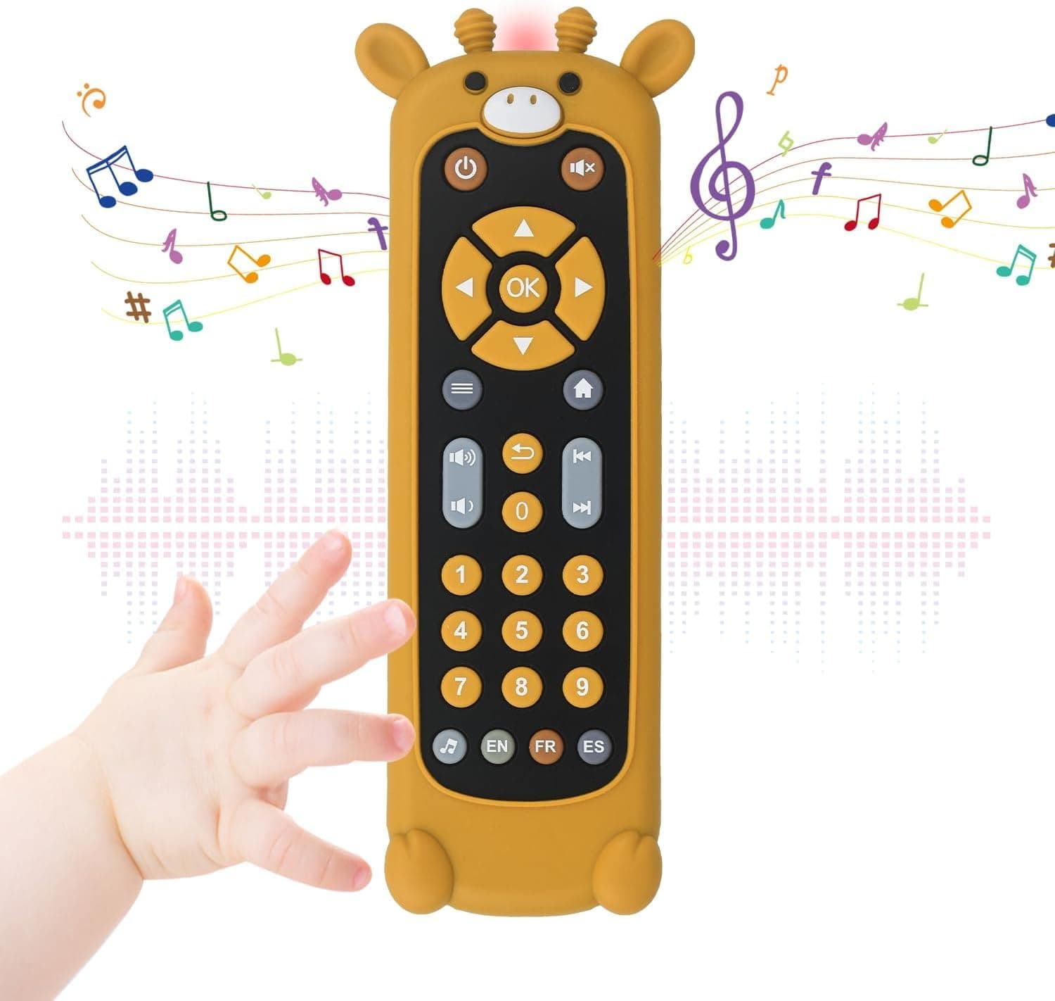 Baby Remote Toy, Realistic Toddler TV Remote Control Toys with Giraffe Silicone Cover, Early Educational Baby Musical Toys with Realistic Lights, and Sounds English French Spanish for Boys Girls