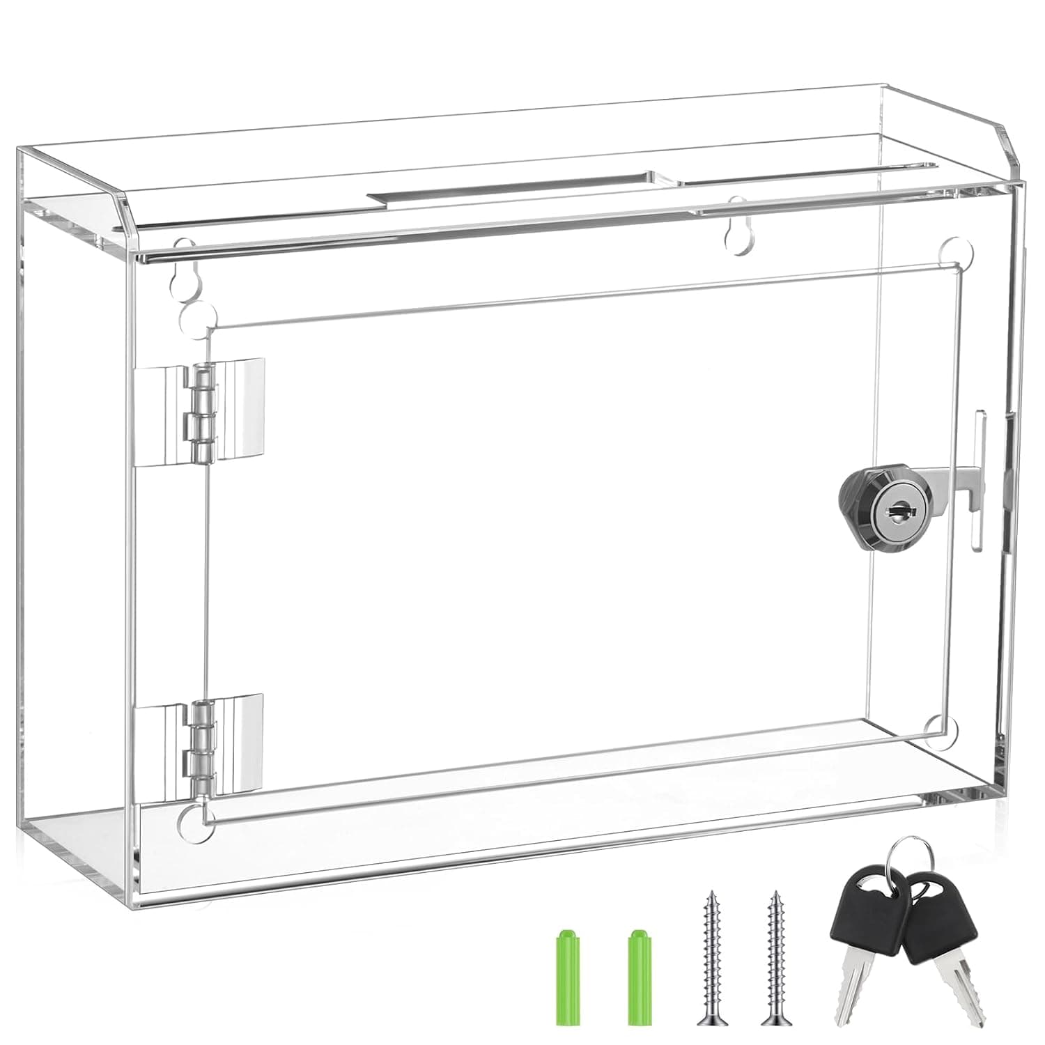 Juexica Acrylic Donation Box with Lock & Sign Holder, Large Clear Locking Suggestion Box for Fundraising Voting Secure Cash Drop, Wall Mounted 4mm Thick Shatter Resistant(9.8"l X 3"w X 7"h,Right Lock)