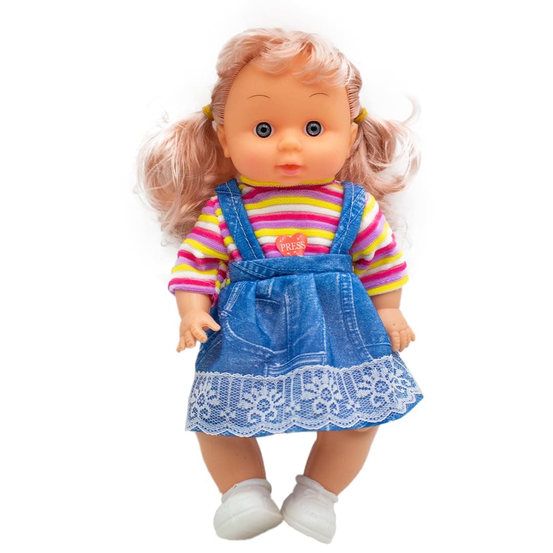 Baby Doll with Accessories, Denim Overalls, Striped Top, 30 cm