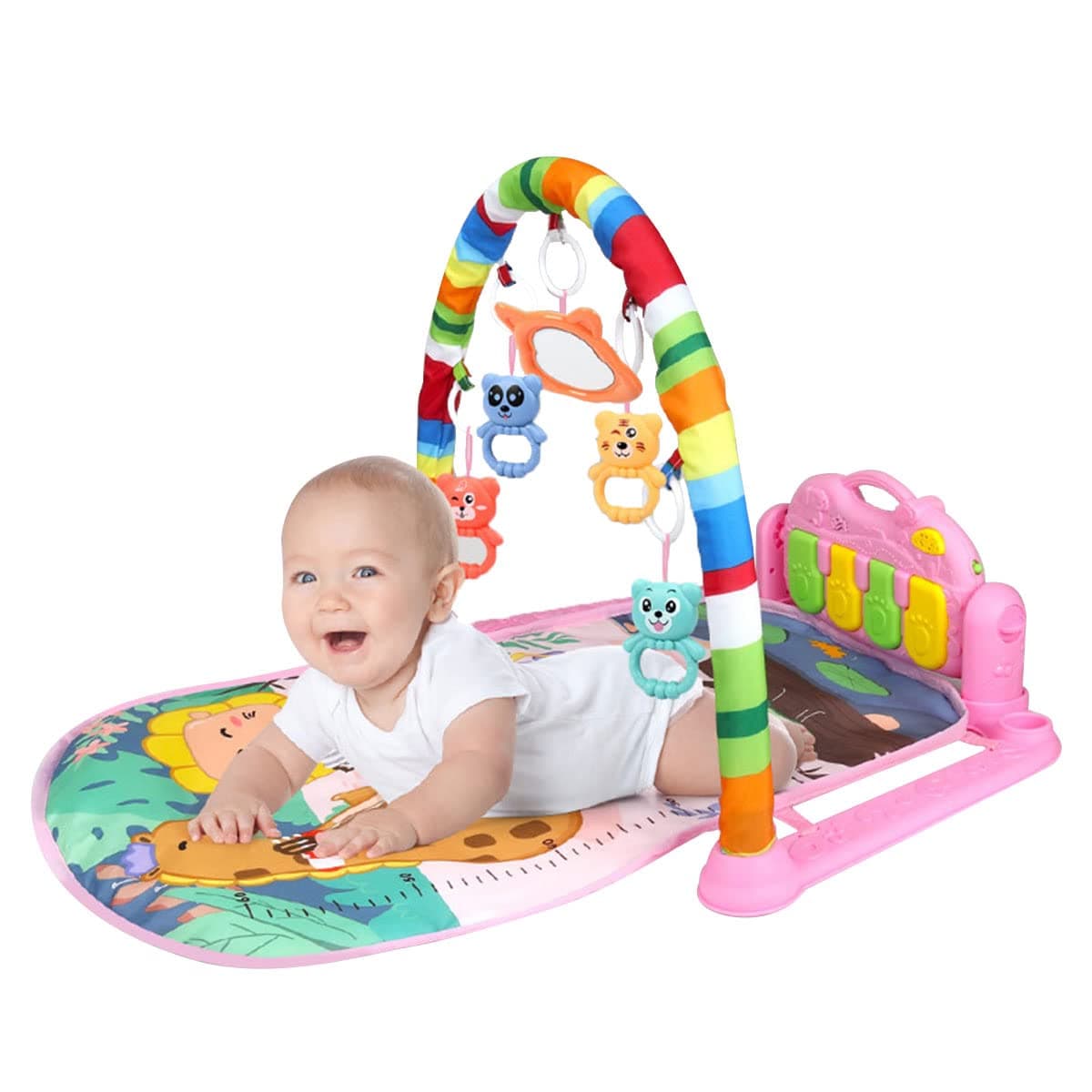 Activity Gym for Baby, Kick Play Piano Gym Mat with Arch & Detachable Toys, Battery Operated Musical Play Mat Activity Gym & Play Mat Interactive Baby Play Mat for Infants Aged 0-36 Months(pink)