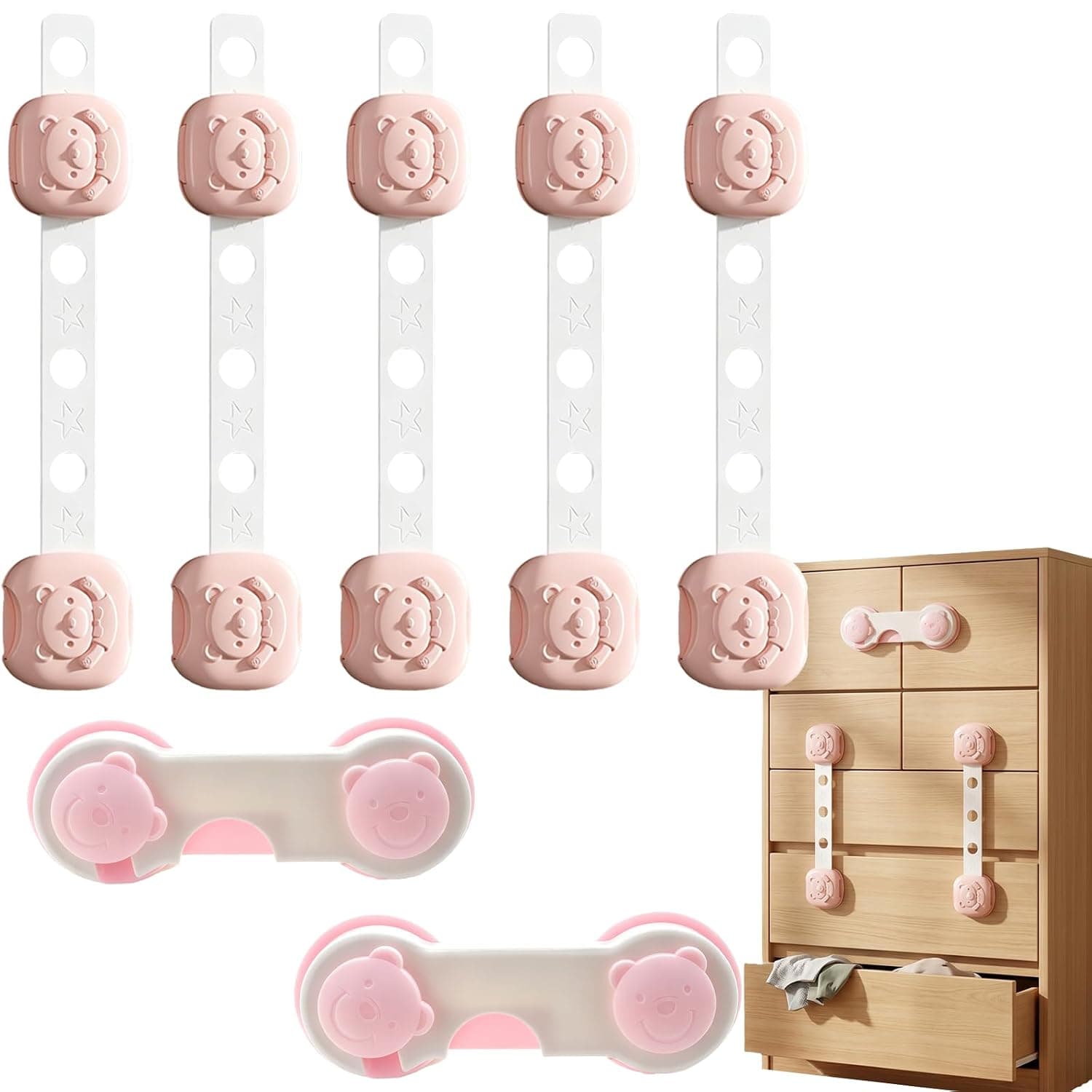 ULHYC Child Safety Strap Locks, 5 Adjustable Bear Strap Locks + 2 Bear Cabinet Latches, Baby Proofing Locks No Drill, White Child Safety Latches for Cabinets Drawers Fridge Closet Doors