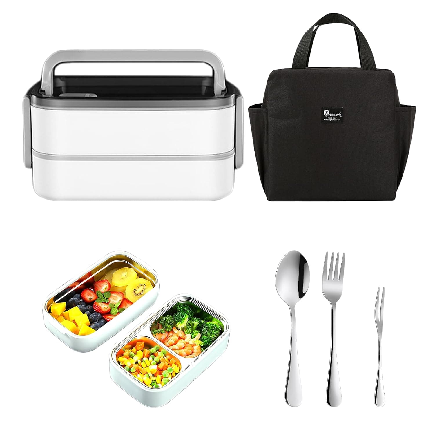 Stainless Steel Lunch Box Set with Thermal Bag & Cutlery,Microwave Safe Bento Box,Concealed Handle 1200ml 2 Layer Leakproof Insulated Bento Lunch Box for Adults Students Office Work School,Grey