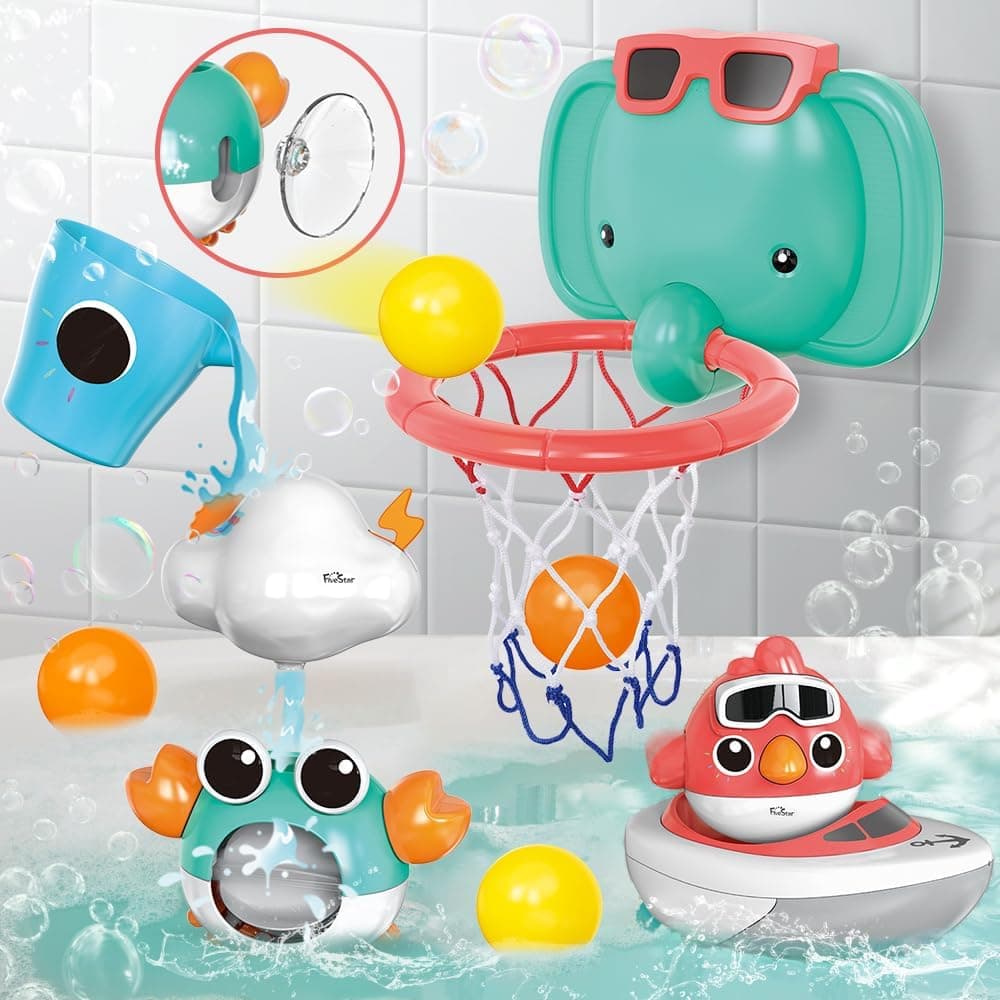 Baby Bath Toys, Elephant Basketball Hoop Bathroom Baby Toys,Floating Wind Up Toys for Babies Boys Girls 1 Year Old, Baby Bathtub Playset with Bird, Crab, Clouds, Yacht Bath Gift for Toddlers 1-3