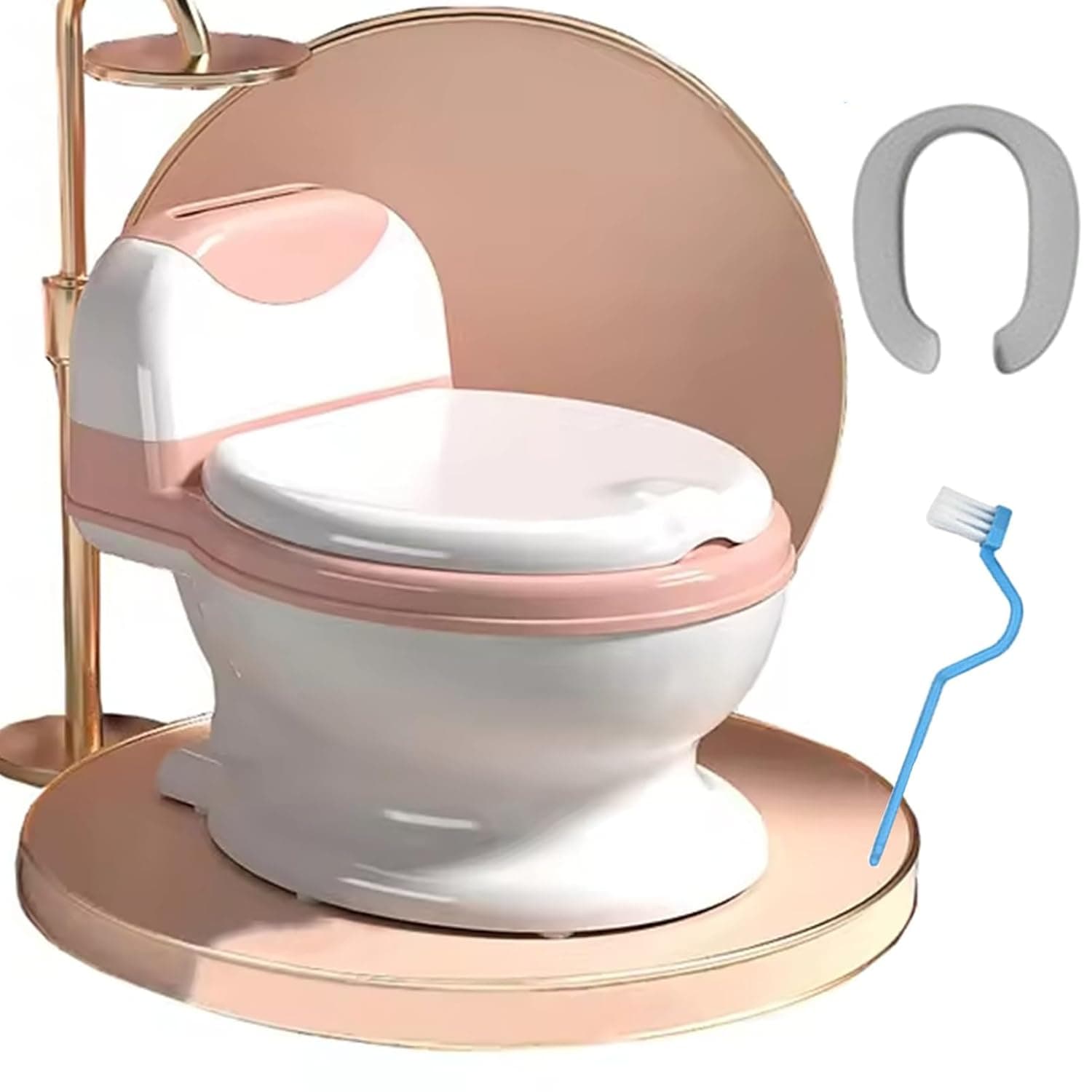 Uand home Potty Training Toilet, Realistic Potty Training Seat with Cleaning toilet brush, Toddler Potty Chair with Soft Seat, Toilet Tissue Dispenser and Splash Guard, Non-Slip for Toddler(Pink)