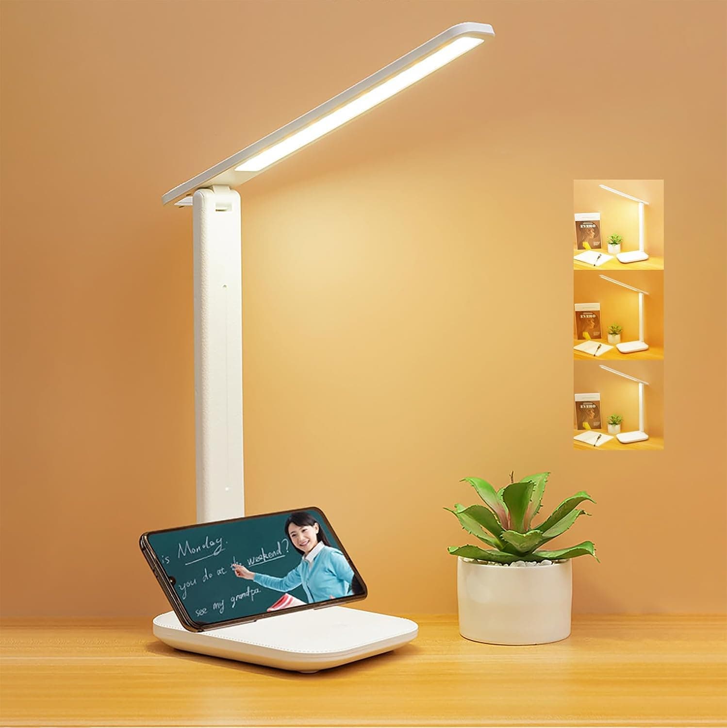 LED Desk Lamp, Reading Light with 3 Brightness, Rechargeable, Touch Control, Dimming, Eye-caring Table Lamp for Home Office Bed Kids Study Book, White