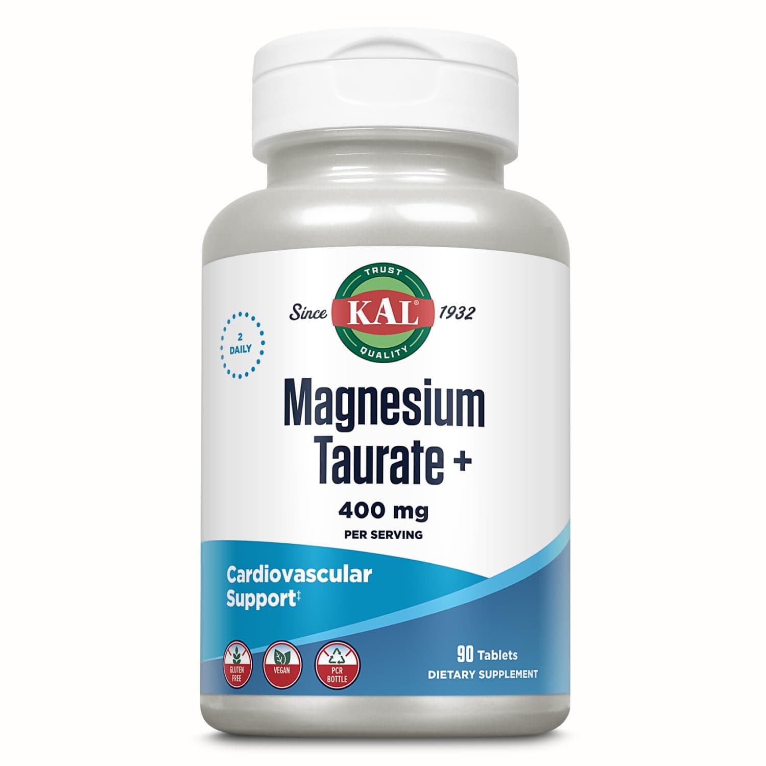KAL Magnesium Taurate + 90 Tablets (400mg) | Heart, Muscle & Nervous System Support - Chelated Magnesium Supplement with Vitamin B6 - 45 Servings - Non GMO, Lab Verified