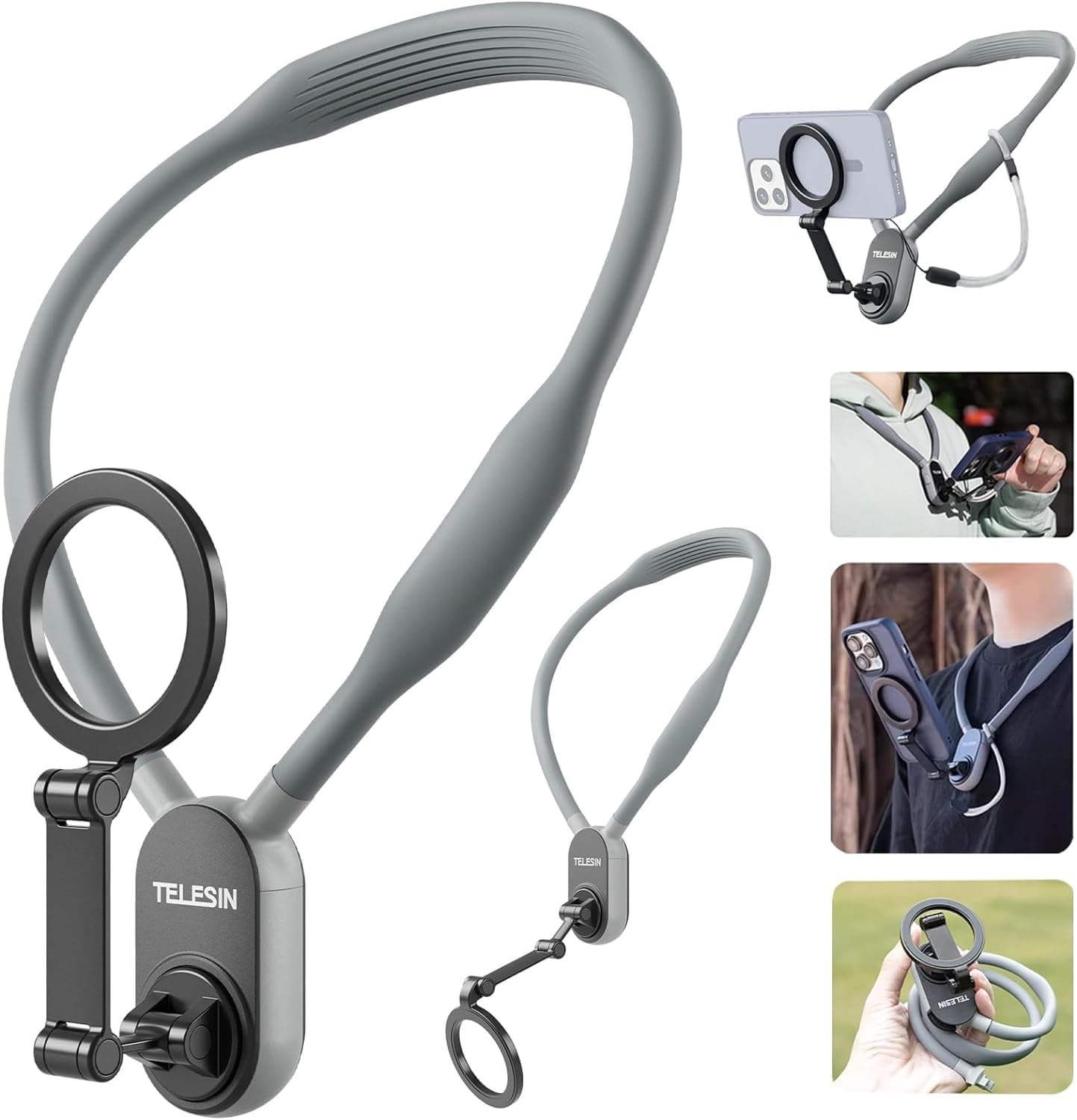 Magnetic Neck Phone Holder, Cell Phone Holder Around Neck POV/Vlog Selfie Mount Hand Free Phones Neck Holder Video Recording Chest Stand for iPhone 15 14 13 12 Pro Max Plus Mini (Grey)
