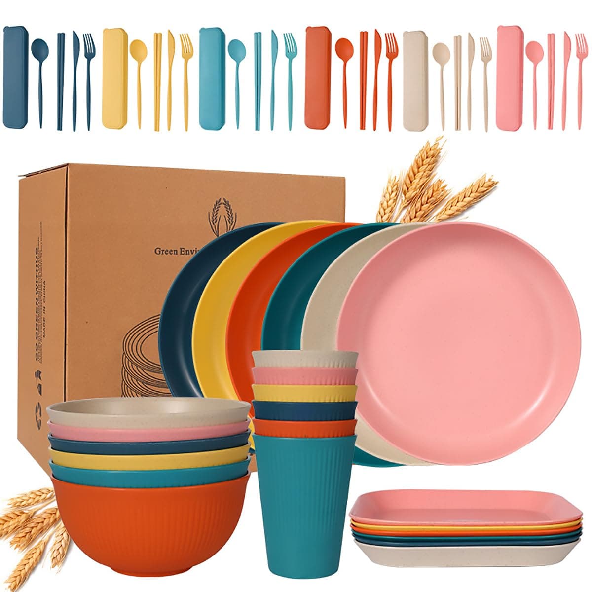 Paporich 54-piece Wheat Straw Dinnerware Sets, Unbreakable Dinnerware Sets for 6, Kitchen Plates and Bowls Set, Lightweight Camping Plates Set, Dishwasher Microwave Safe, for Kitchen, Camping (Color)