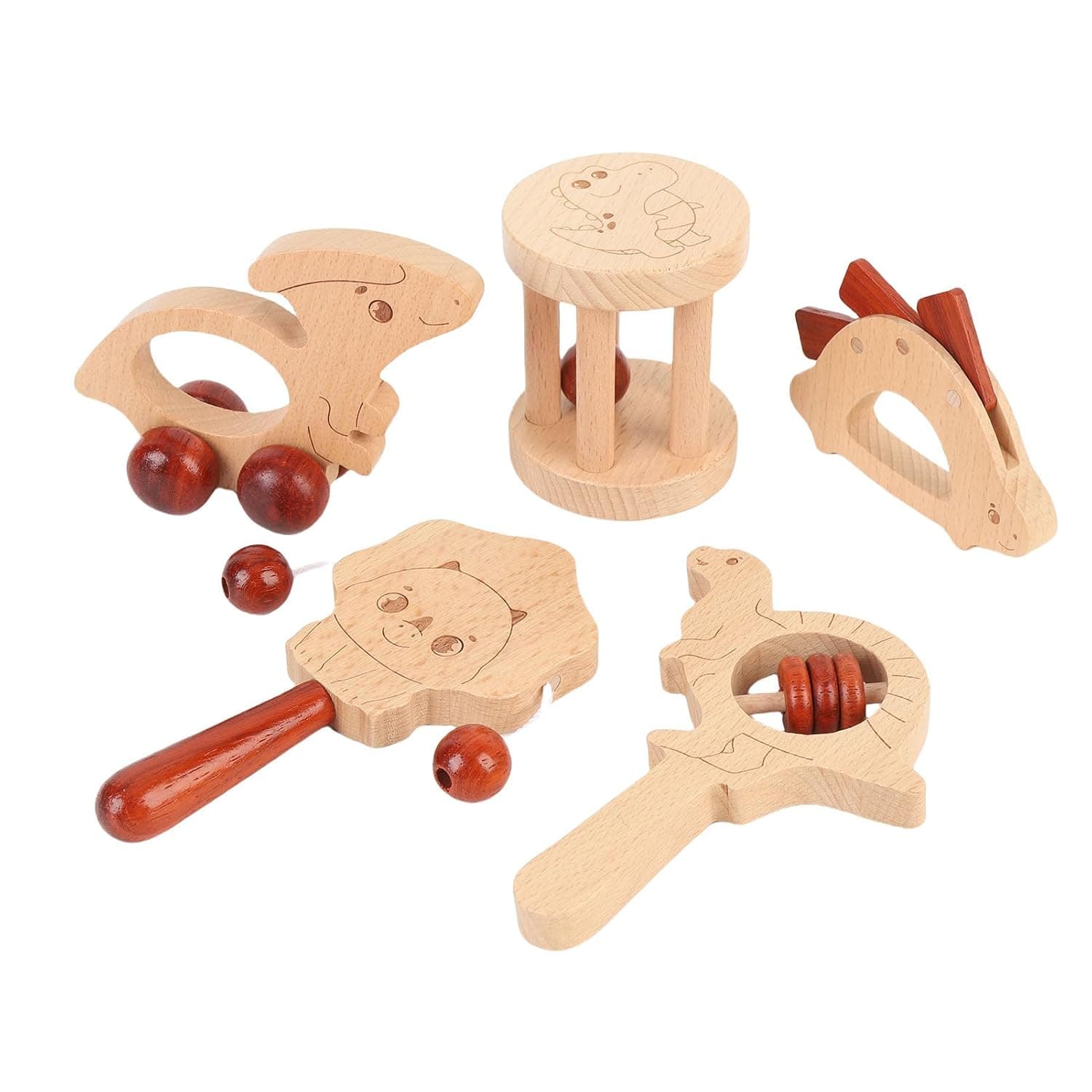 Wooden Rattle Set Baby Development Toys with Beech Wood Storage Bag, Dinosaur Car Bell