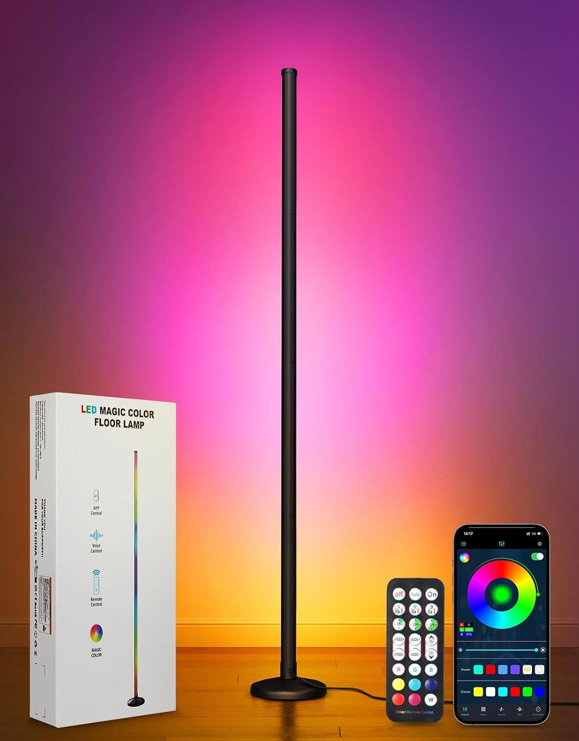 OUTON LED RGBCW Smart Corner Floor Lamp with APP & Remote Control | 16 Million Colors, Music-Sync, Timer, Height Adjustable Tall Standing Lamp for Living Room Bedroom Gaming Room, 1 Pack