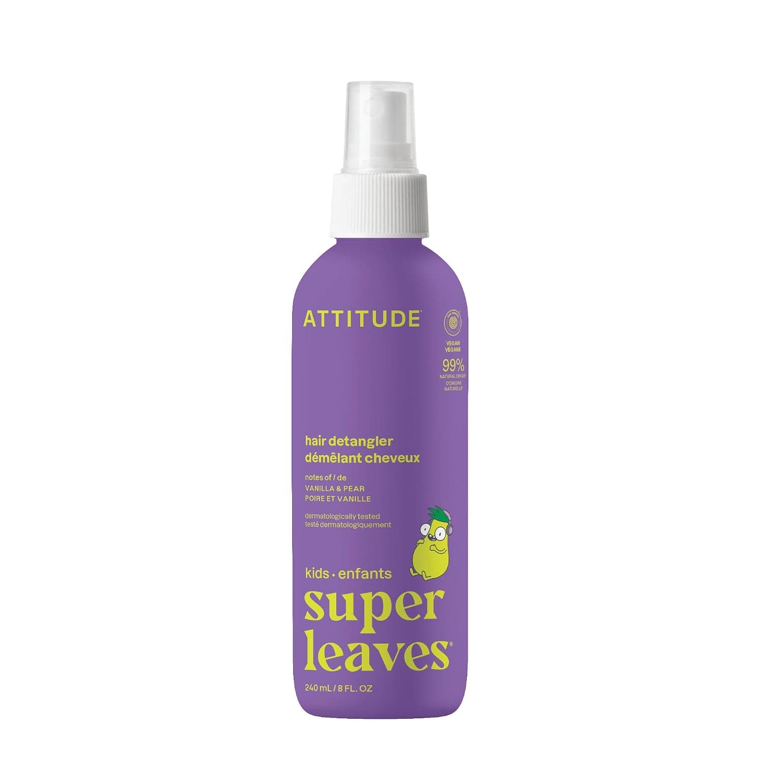 ATTITUDE Kids Hair Detangler Spray, EWG Verified, Hypoallergenic Plant- and Mineral-Based Formula, Vegan and Cruelty-Free, Vanilla & Pear, 240 ml
