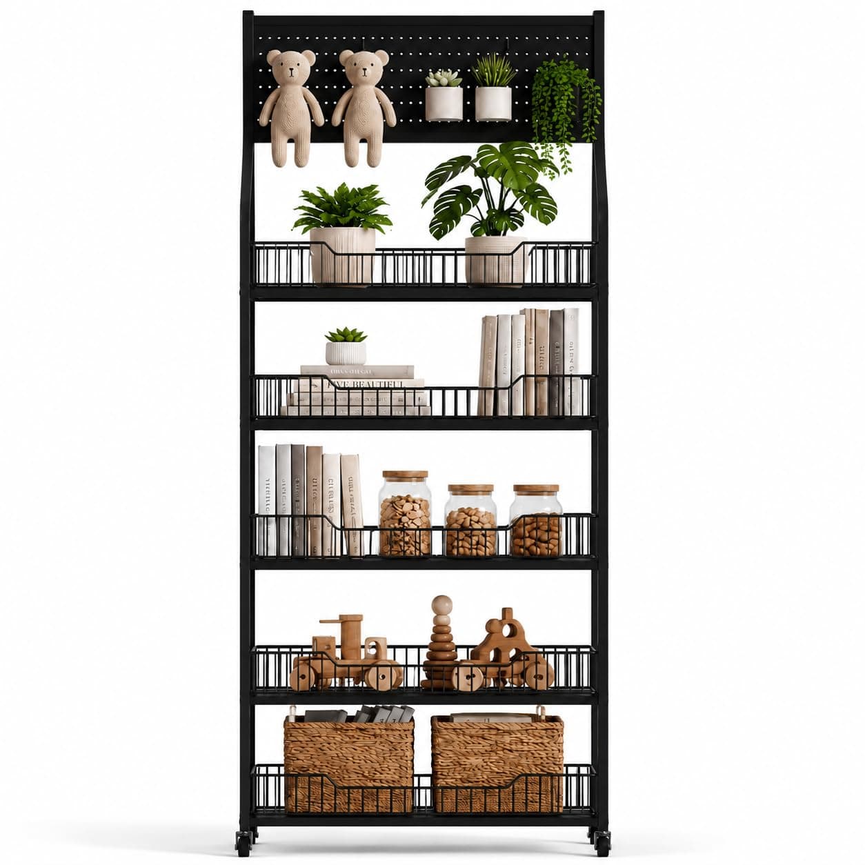 5-Tier Rolling Fruit and Vegetable Rack with Wheels, Heavy Duty Metal Storage Cart, Wire Basket Display Shelf for Snacks, Kitchen, Pantry, Supermarket and Grocery Store