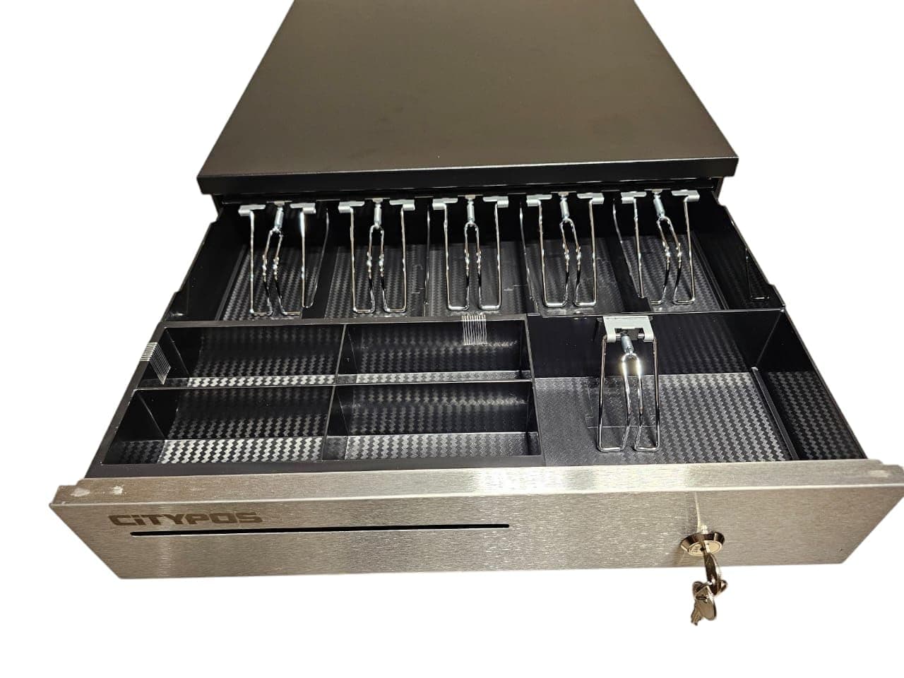 Cash Drawer - Black - Key Lock - Tabletop - Metal - Portable - Cash Box - 6 Bins
