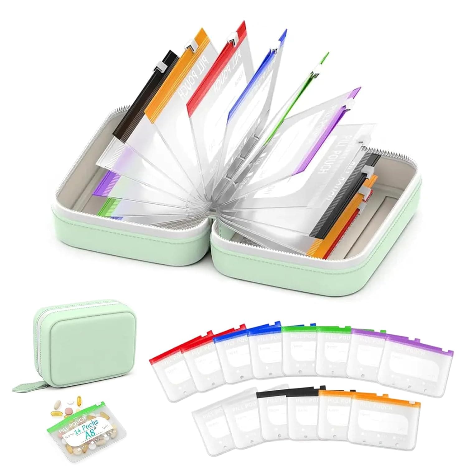 A8 Waterproof Pill Organizer Set - Travel Pill Organizer with 14 Color Coded Medicine Pouches, Crush Resistant Weekly Medication Storage Case for Vitamins Supplements Daily Use (Green)