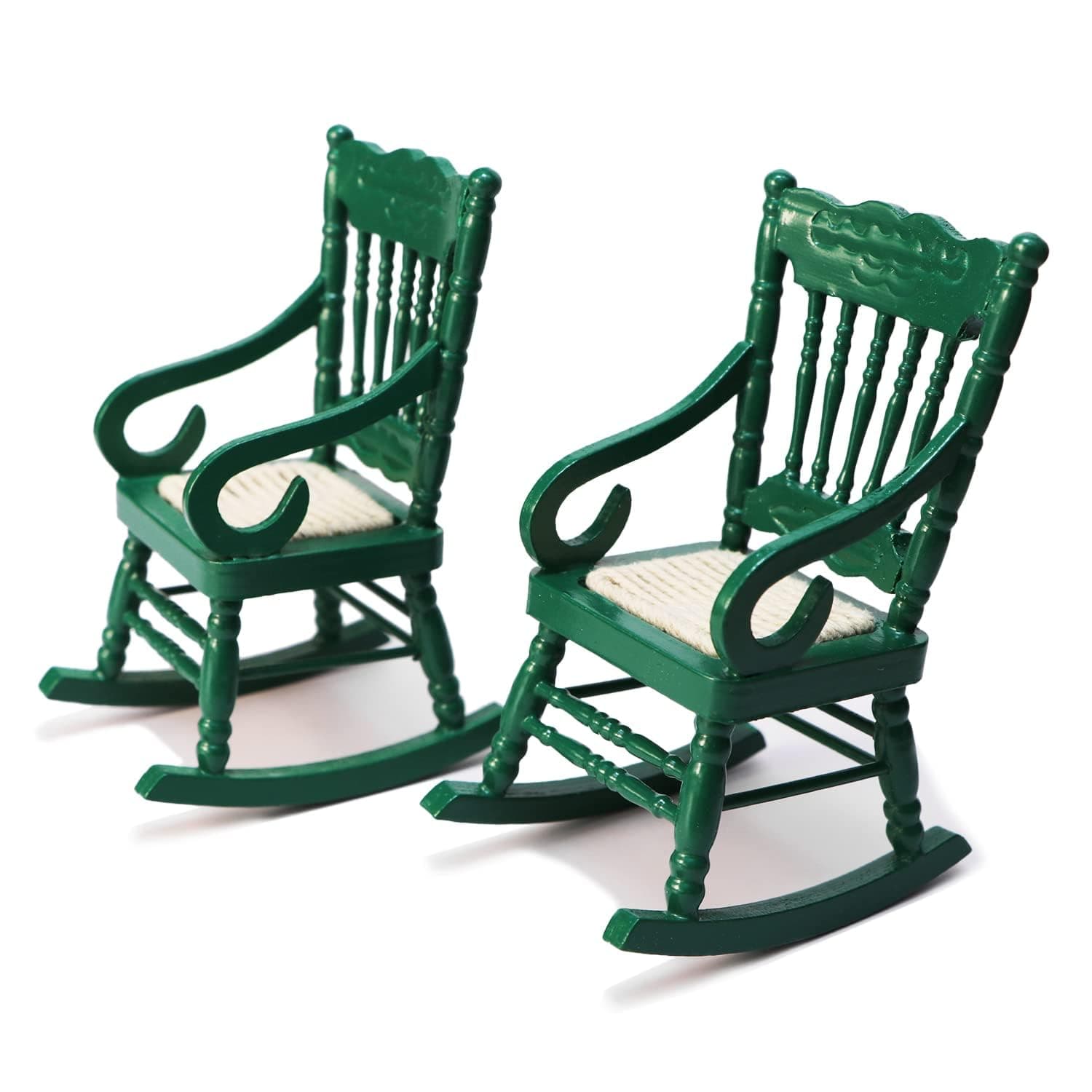 2pcs 1:12 Scale Miniature Wooden Rocking Chairs for Dollhouse Furniture Accessories, Tiny Mini Home Decor, Cake Toppers, Christmas Craft, Model Room Scene Decoration (Green)