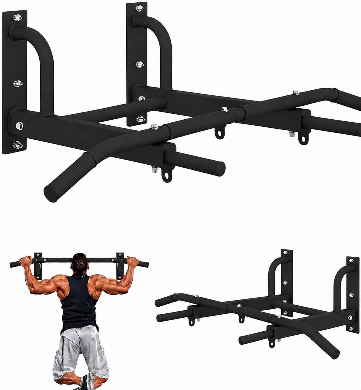 Wemart Wall Mounted Pull Up Bar, Multifunctional Chin Up Bar with Dip Station, Heavy Duty Steel Workout Equipment for Home Gym, Multi Grip Strength Training Bar, 200KG Capacity