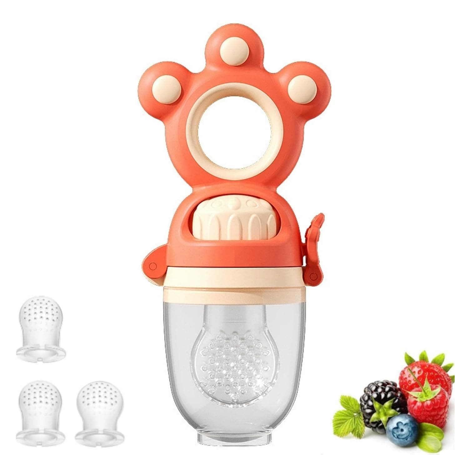 DMG Baby Food Feeder Pacifier, Baby Fruit Feeder, 2in1 Silicone Nibbler Pacifier and Teether, Infant Teething Toys Training Massaging Toy Teether, BPA Free Babies Teething Relief Toy (Red)