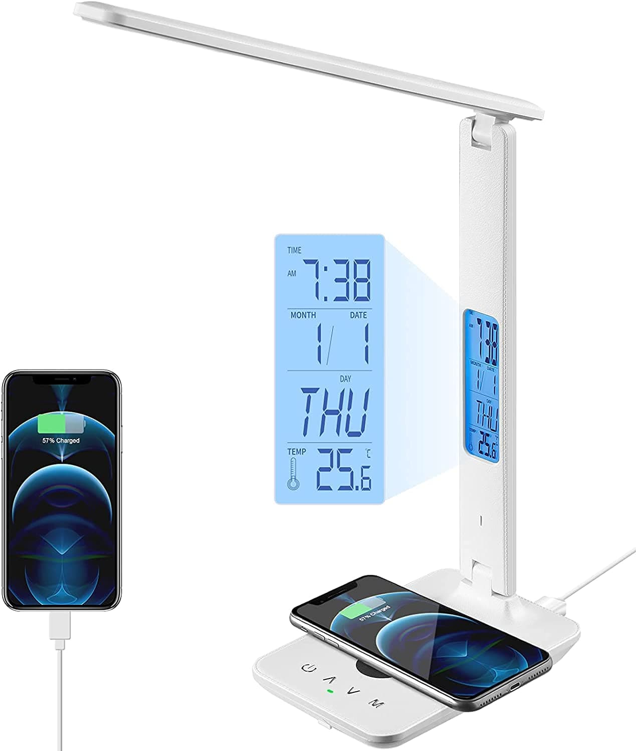 LED Desk Lamp With Wireless Charger, USB Port, Clock, Alarm, Date, Temperature - Office Table Light for Home, Black (WHITE)