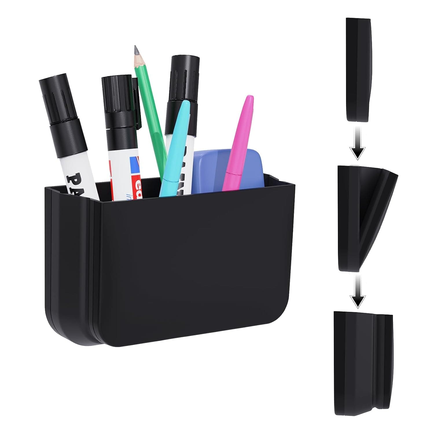 Magnetic Foldable Pen Holder, Magnetic Dry Erase Marker Pencil Holder, Strong Magnet Remote Holder Storage Organizer for Office, Whiteboard, Locker, Home Refrigerator, Desk Accessories(Black)