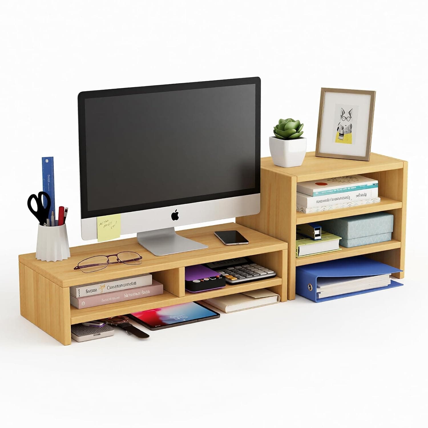 2 Tier Monitor Stand with 3 Storage Shelves, Wooden Desktop Organizer for PC/Laptop/TV/Printer Monitor, Space Saving Desk Riser for Home Office Dorm (Natural)