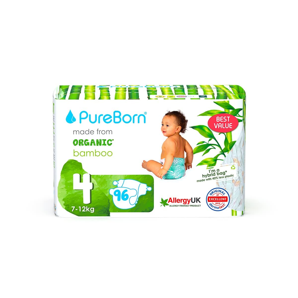 PureBorn Organic/Natural Bamboo Baby Disposable Size 4 Diapers/Nappy |Mega Value Pack| from 7 to 12 Kg | 96 Pcs |Assorted Prints|Super Soft|Maximum Leakage Protection|New Born Essentials|Eco Friendly