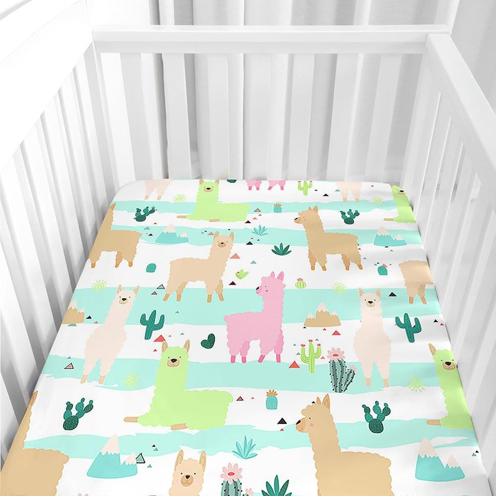 Odot Fitted Sheet for Baby Crib, Alpaca Print Children's Bedsheets, Breathable, Soft, Stretchy, Mattress Protector for Baby Crib, Cot Bed Umbrella (cactus, 80 x 160 cm)