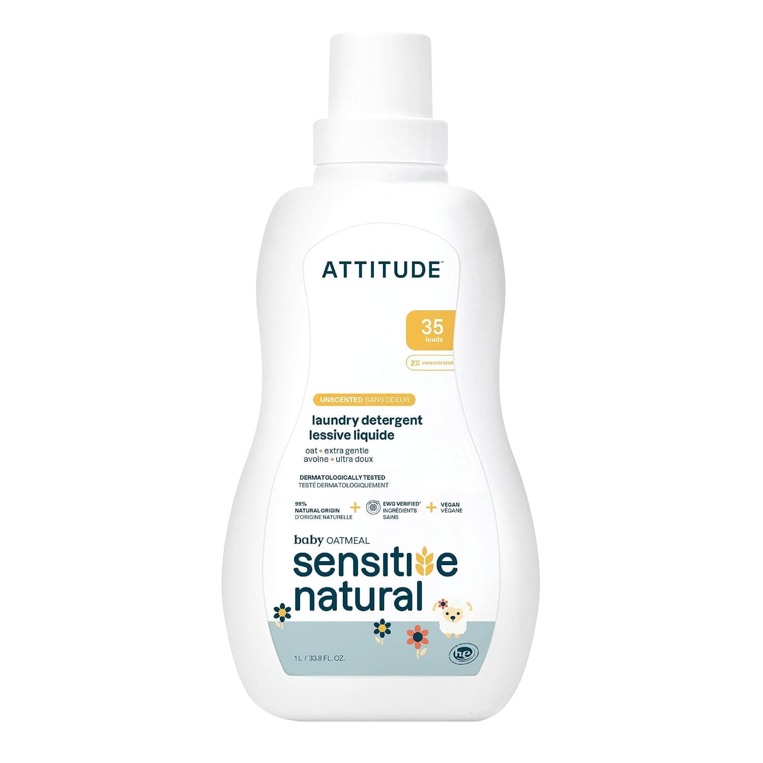 ATTITUDE Baby Laundry Detergent for Sensitive Skin, Hypoallergenic, Dye free, Unscented, HE compatible, Fragrance Free, 33.8 Fluid Ounce, 35 Loads