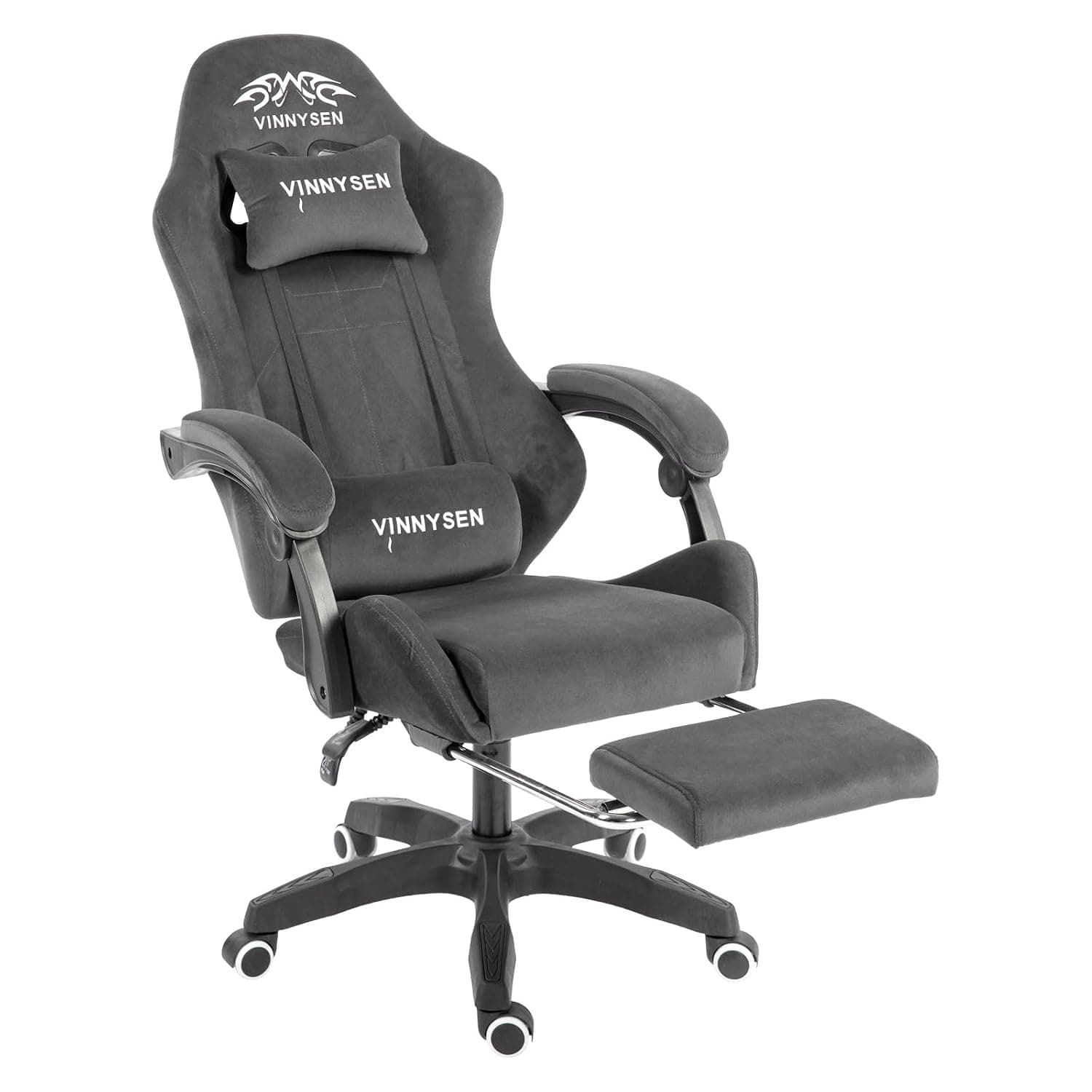 VINNYSEN Gaming Chair Computer Chair, Flannelette Fabric GameChair with Head Pillow and Waist Pillow, Ergonomic ComputerChair with Footrest (Grey-1)