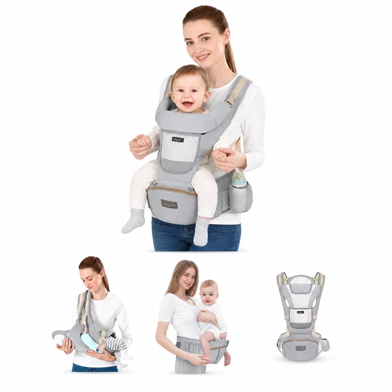 Baby Carrier with Detachable Hip Seat, Adjustable Front Baby Wrap Carrier Sling Ergonomic Breathable Mesh with Lumbar Support, Hands Free for Newborn Toddler Gift New Parents Shopping Walking Outdoor